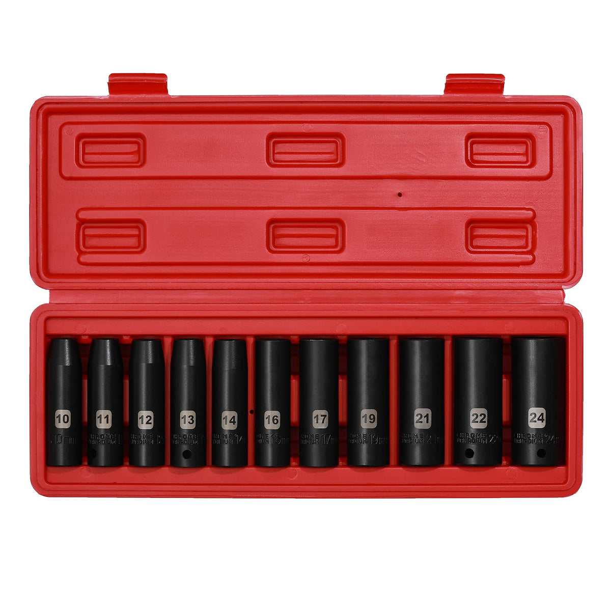 EMENTOL half-inch drive deep socket set from 10mm to 24mm with precise markings.