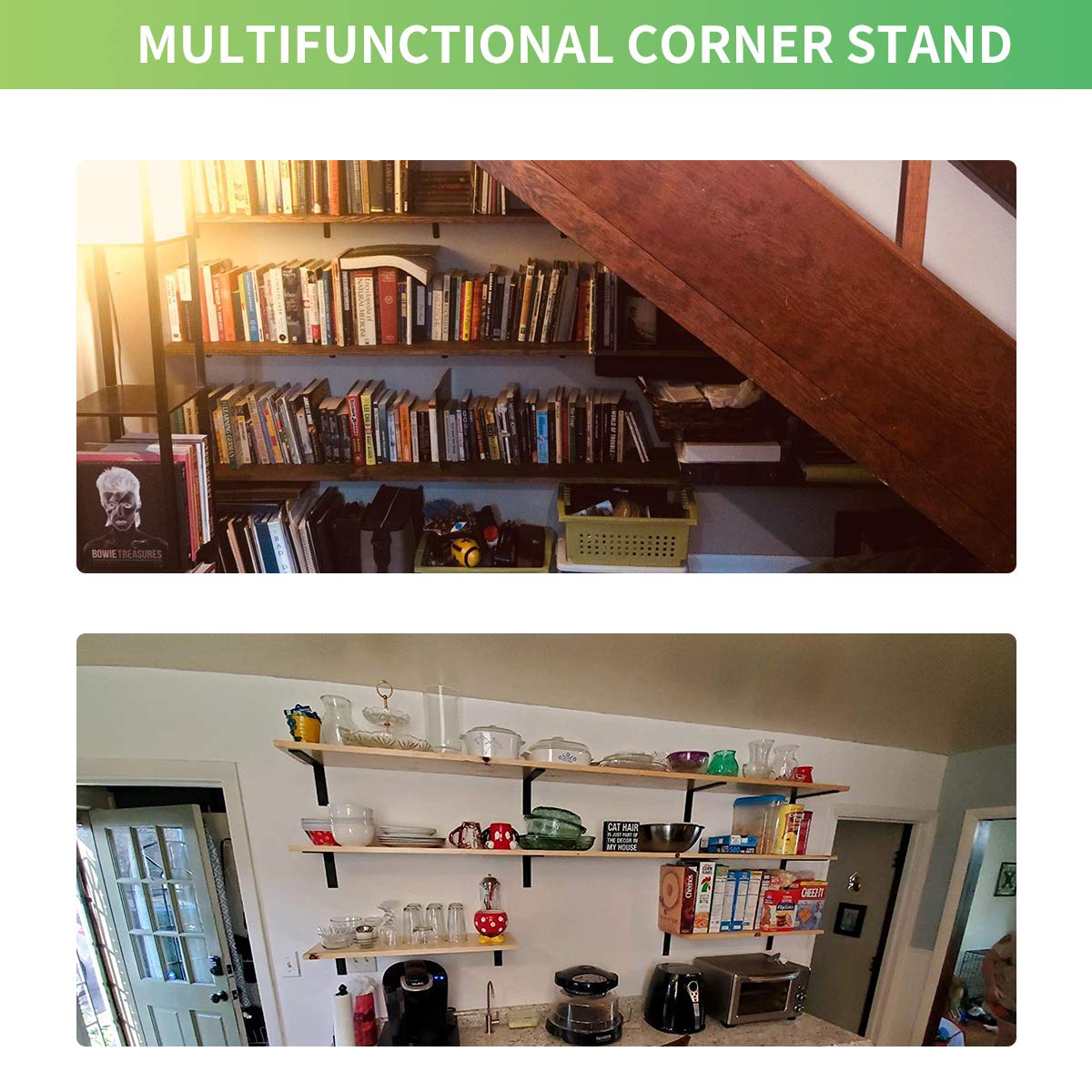 Wall shelf installation using Emeroll L brackets in a home setting.