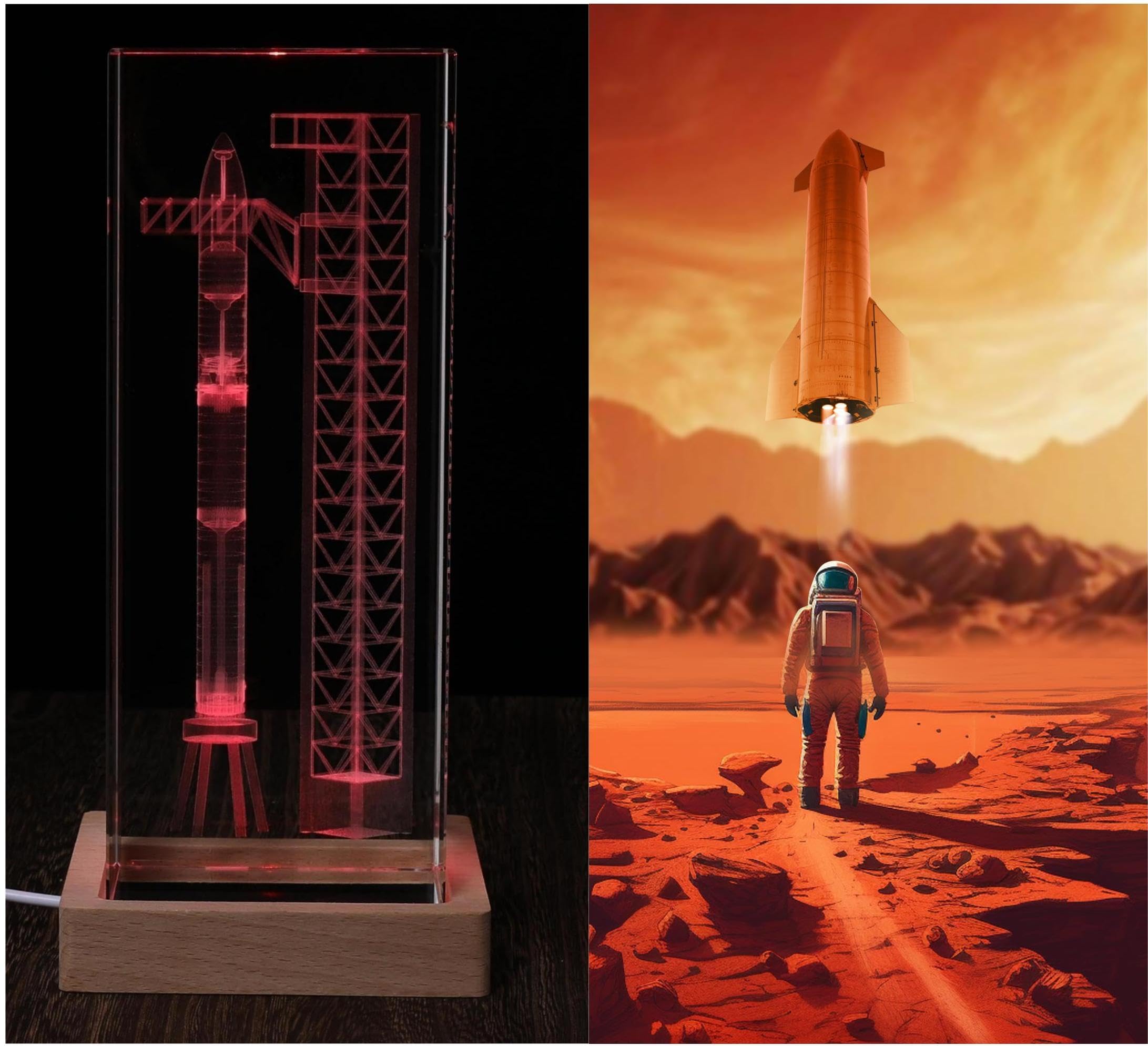 Desk display setup showing the SpaceX Starship lamp on a workspace.