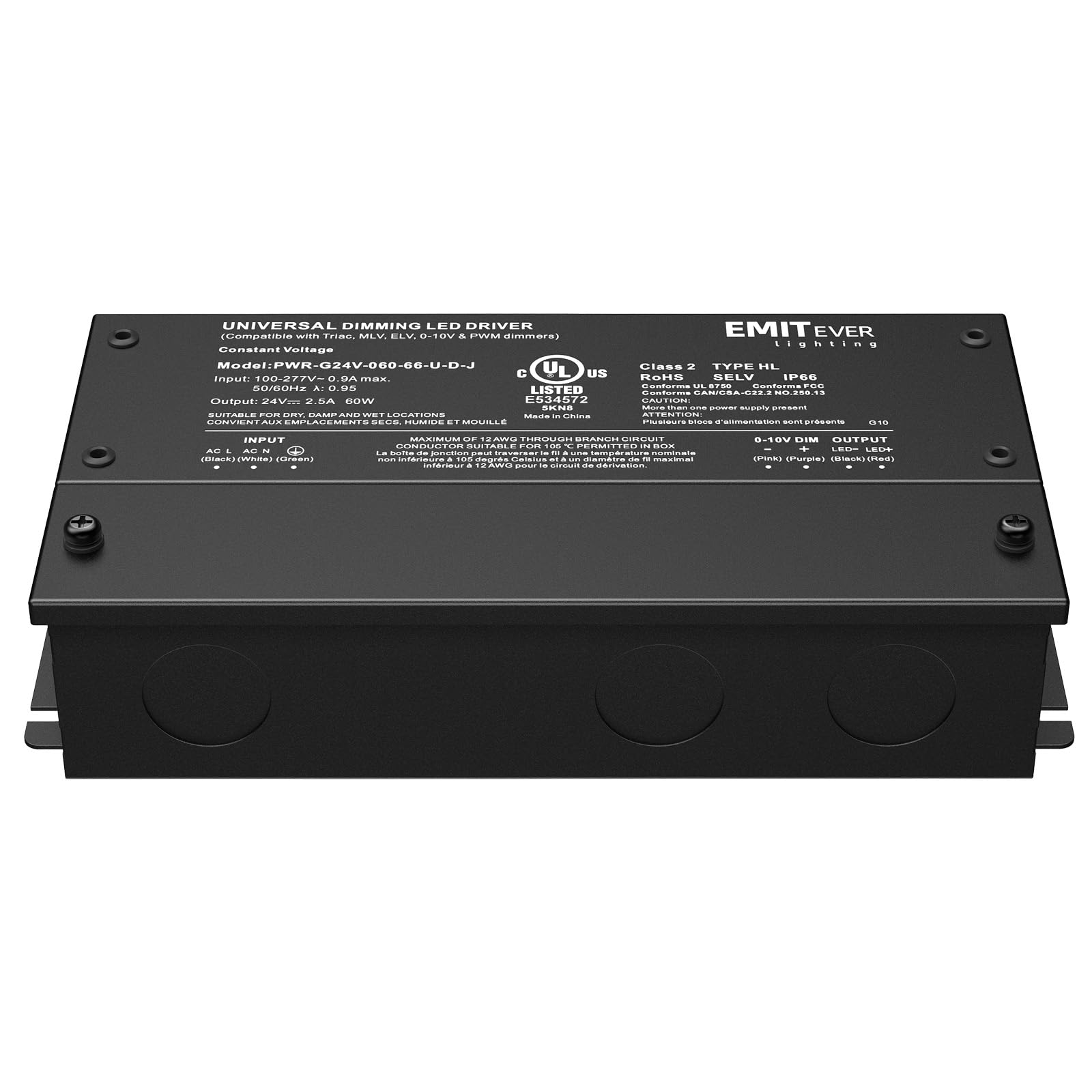 EMITEVER 60W dimmable LED driver IP67 damp-location compatibility for harsh environments.