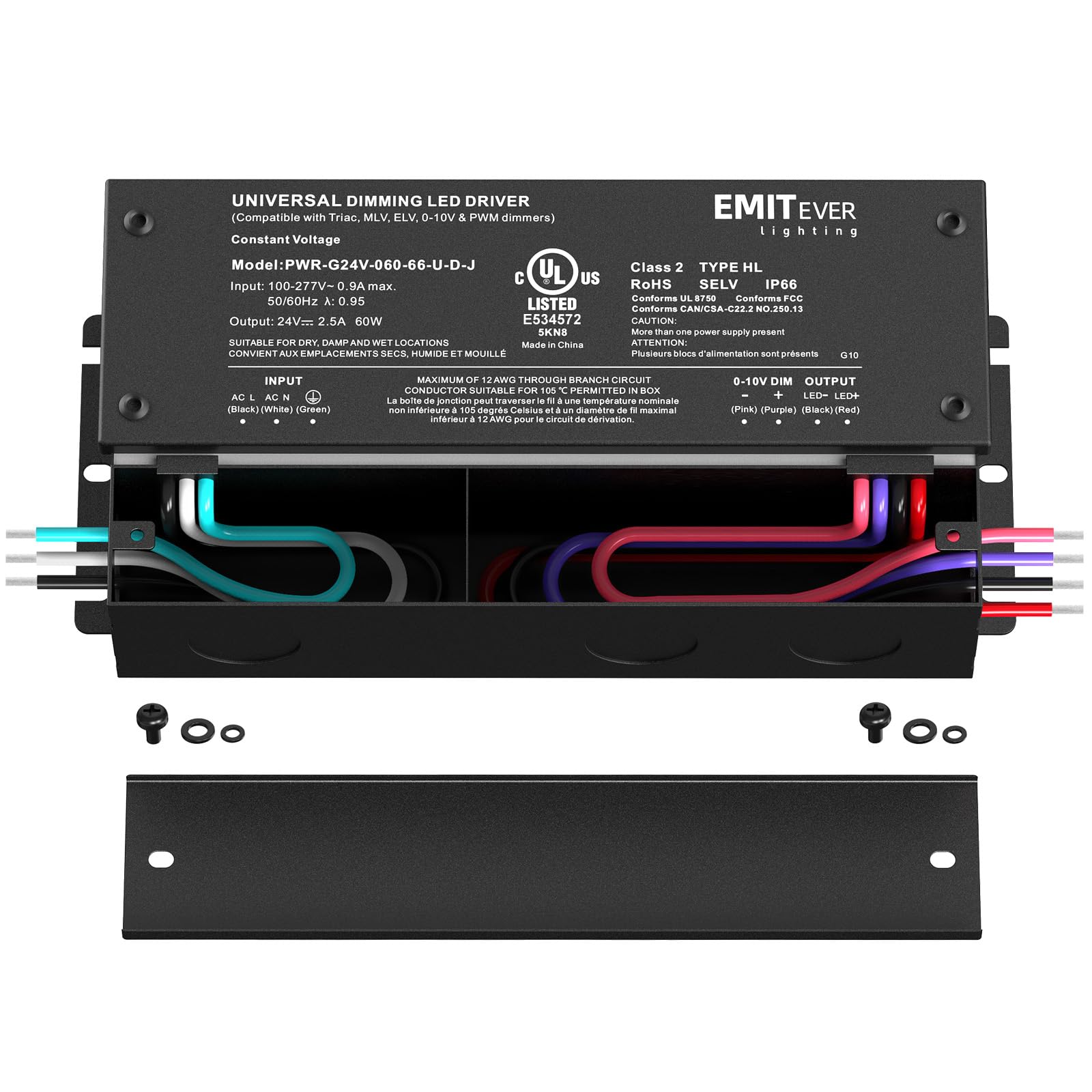 EMITEVER 60W dimmable LED driver side view showing slim housing for easy installation.