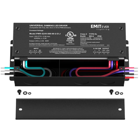 EMITEVER 60W dimmable LED driver side view showing slim housing for easy installation.
