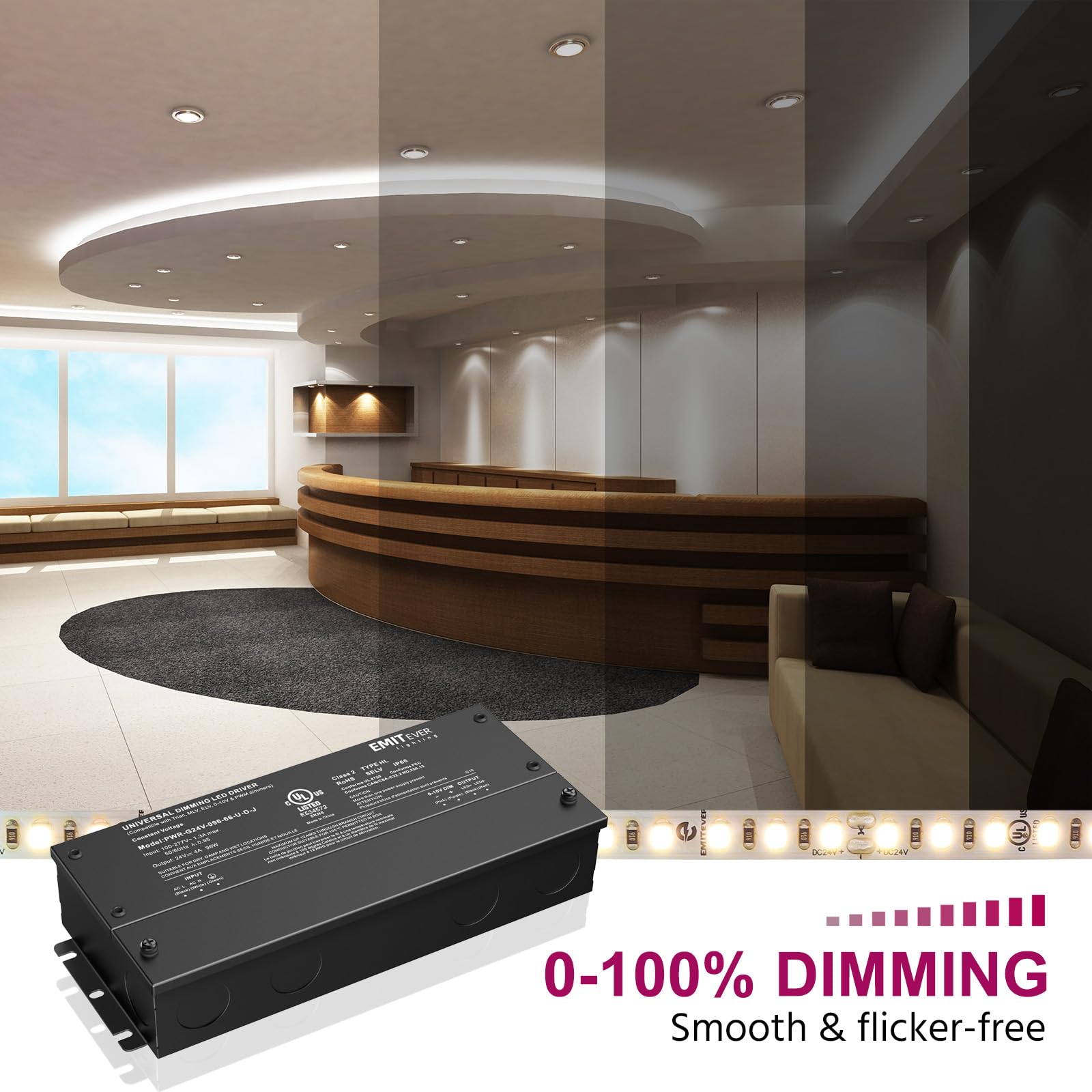 EMITEVER 96W dimmable LED driver, knockouts and mounting feet for easy installation.