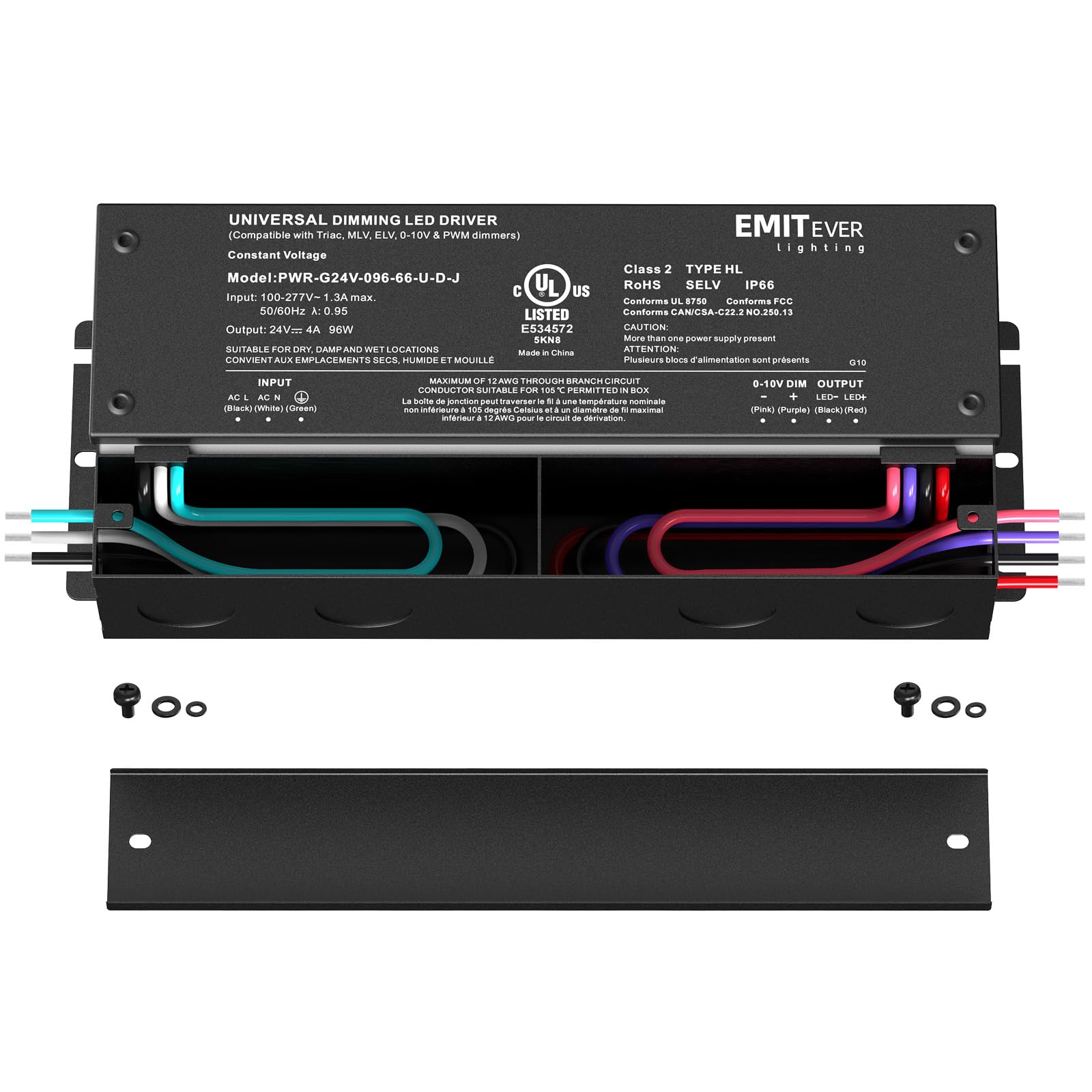 EMITEVER 96W dimmable LED driver, rear view, UL listed for reliable installations.
