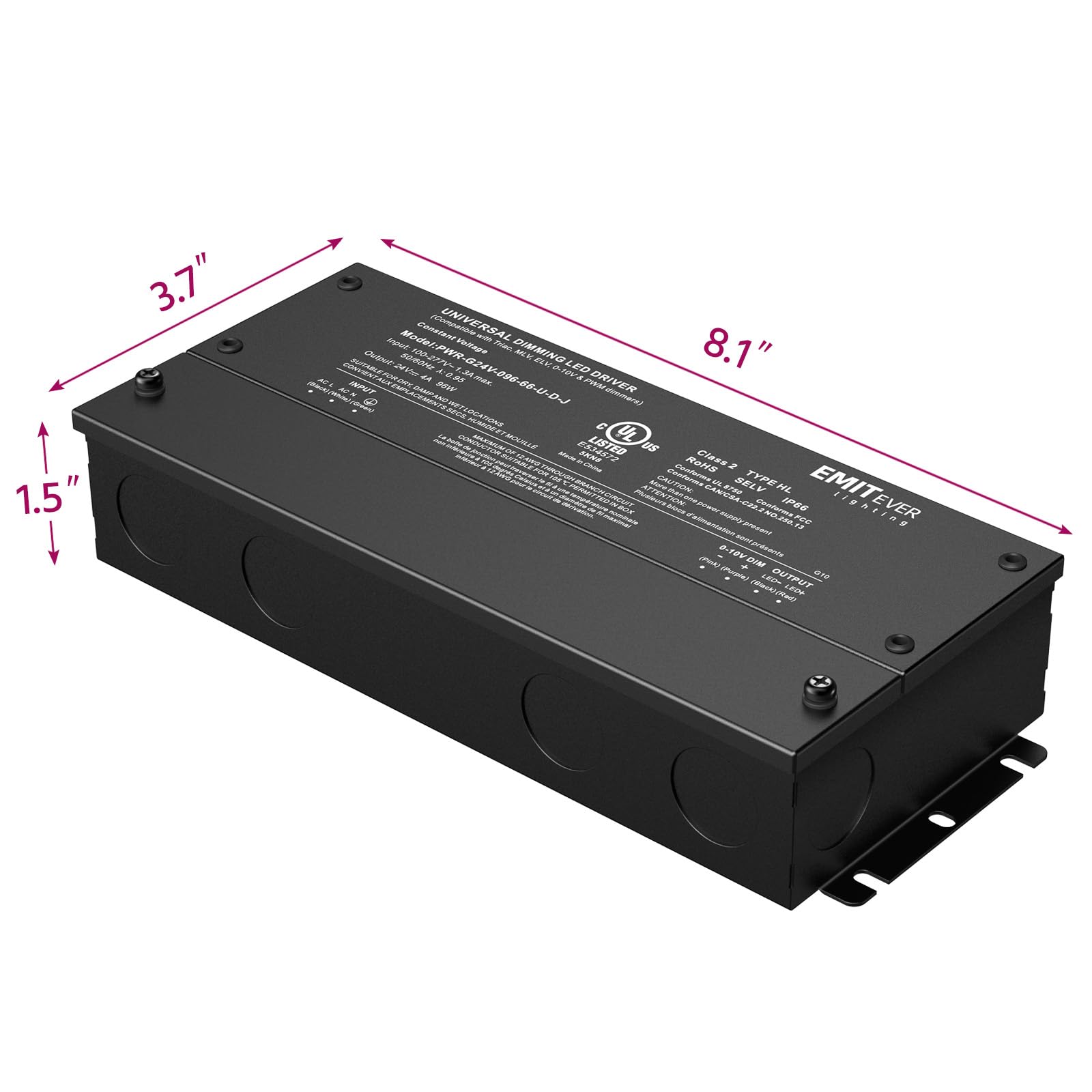 EMITEVER 96W dimmable LED driver, side profile, compact height ideal for tight spaces.