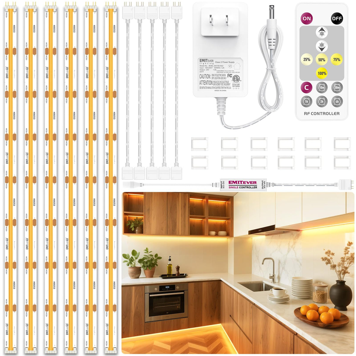 EMITEVER under-cabinet lighting kit with six COB strips for even cabinet illumination.