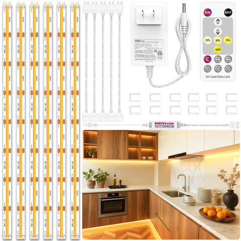 EMITEVER under-cabinet lighting kit with six COB strips for even cabinet illumination.