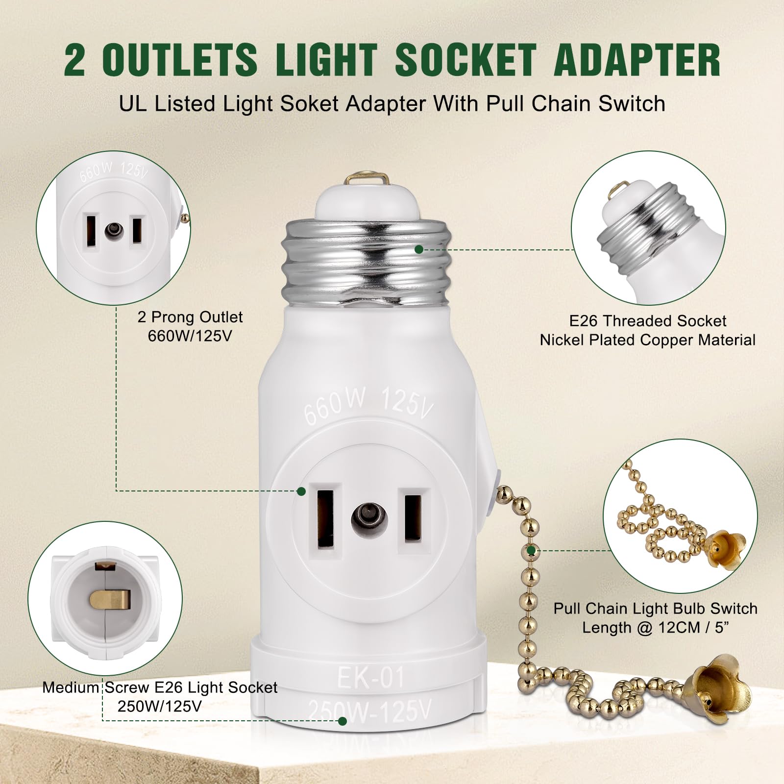 EMNOOTI bulb socket to two outlets converts one bulb source into two outlets.