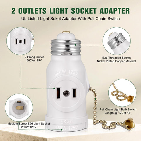 EMNOOTI bulb socket to two outlets converts one bulb source into two outlets.