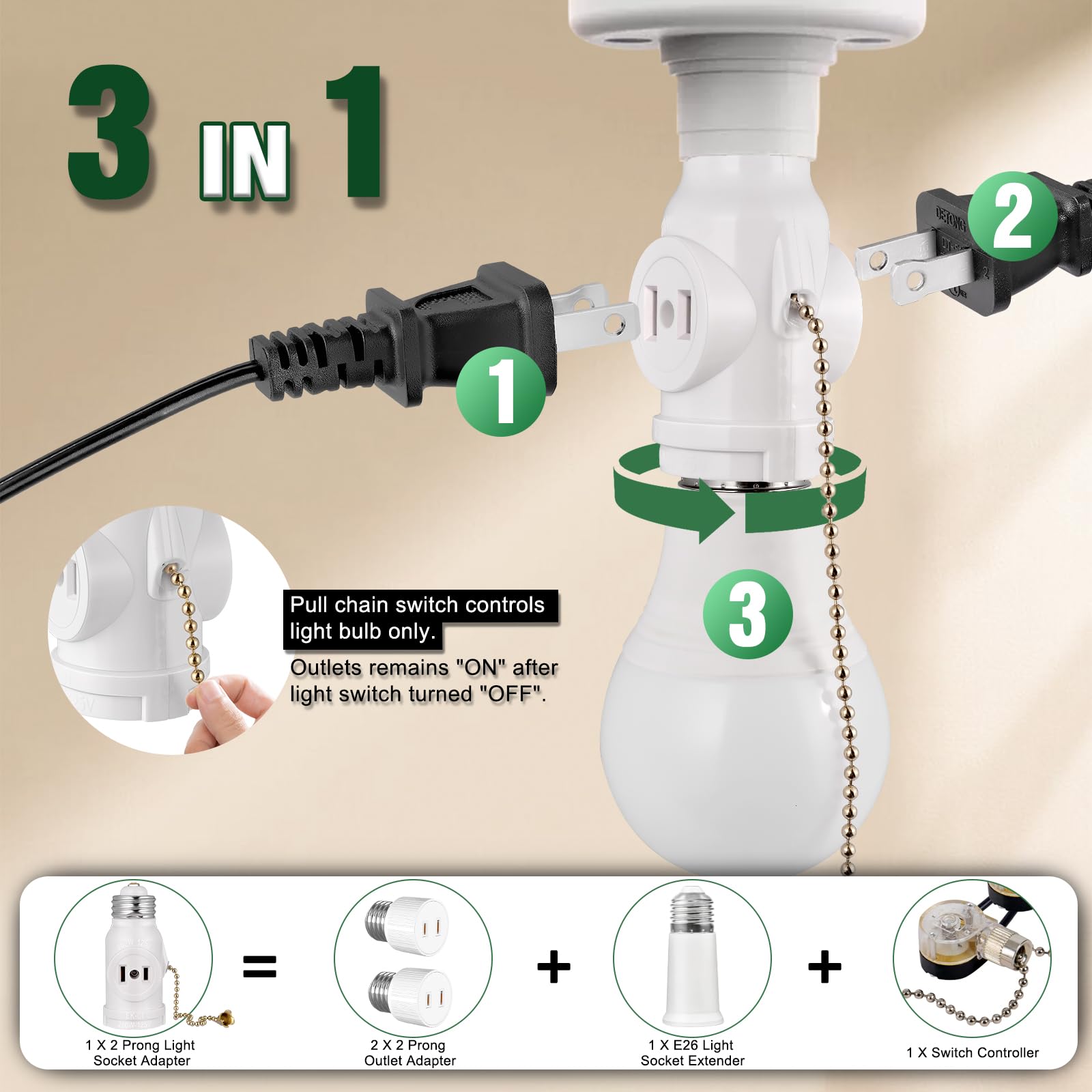 EMNOOTI pull-chain switch adapter adds easy control for a separate light.