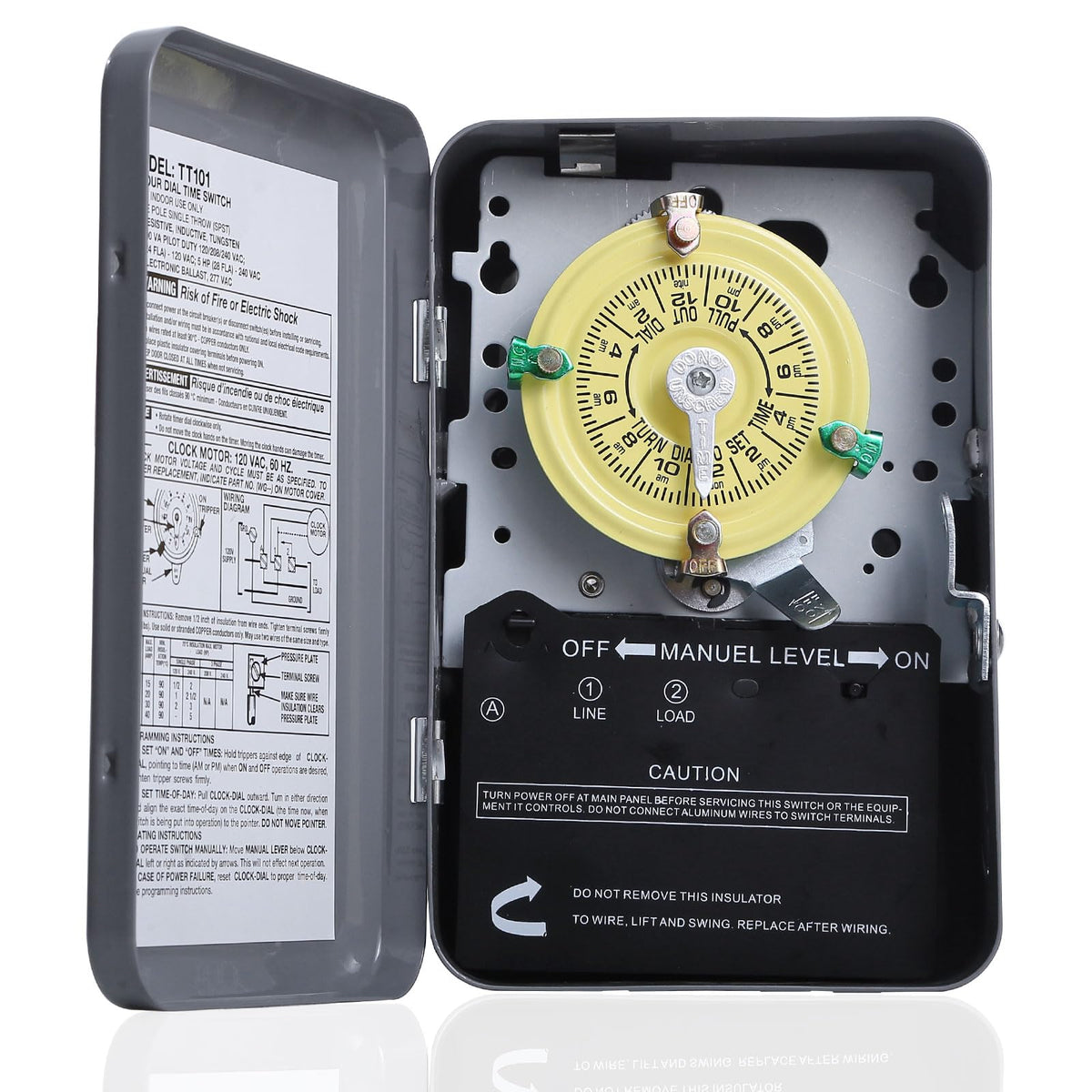 Emnrod T101 timer dial close-up for precise daily scheduling of pumps and lights.