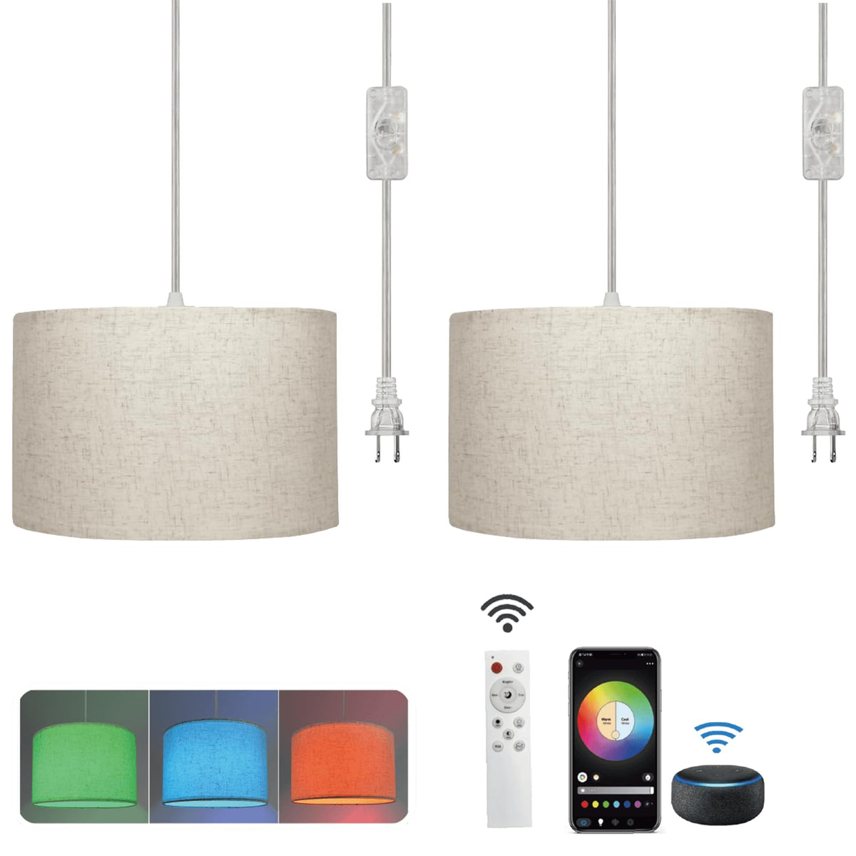 EMORLO 2-pack hanging lamps with beige shade for flexible room lighting.
