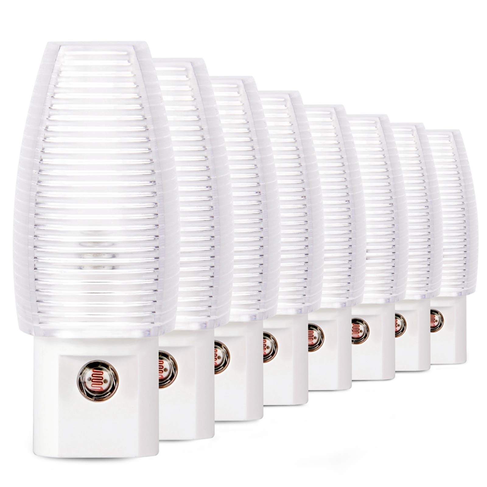 Emotionlite 8-pack plug-in night light illuminating a hallway for nighttime safety.