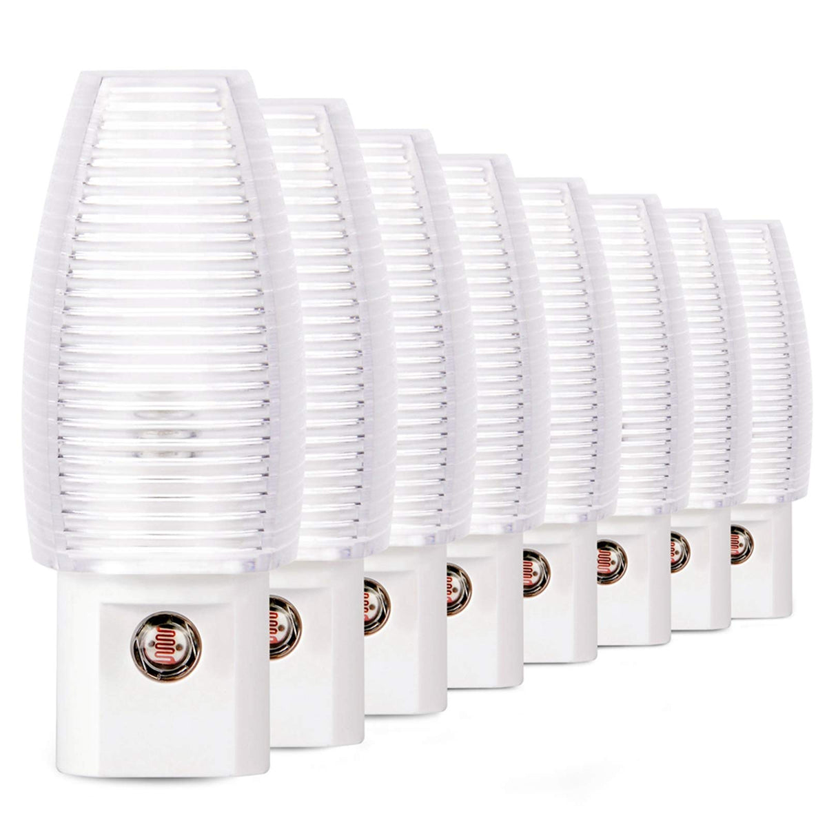Emotionlite 8-pack plug-in night light illuminating a hallway for nighttime safety.