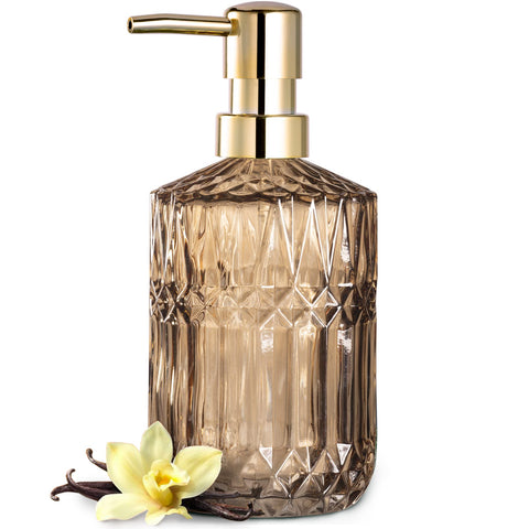 EMPO clear glass soap dispenser with brown finish and ABS pump for kitchen or bathroom.