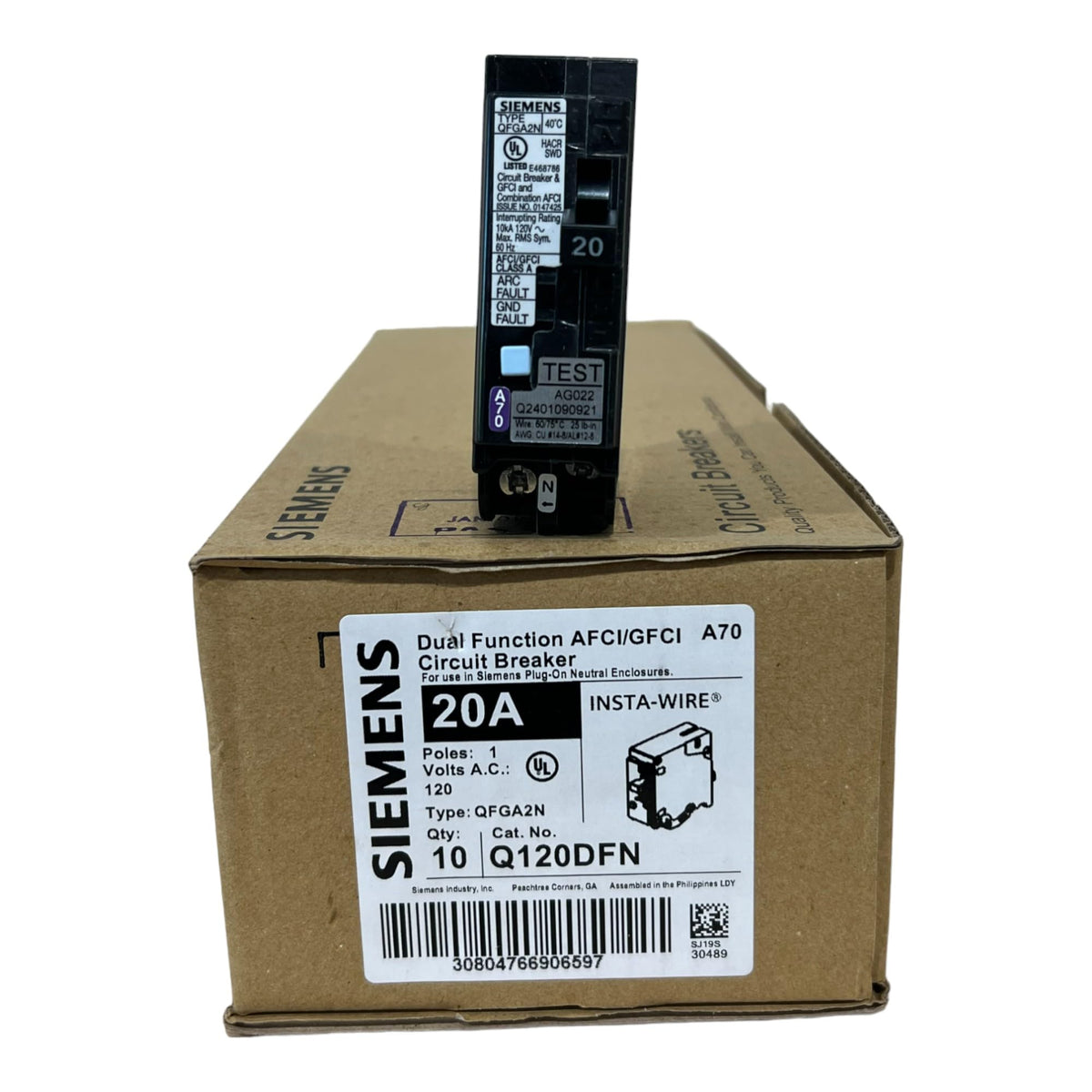 EMSER Siemens Q120DFN 20A dual-function breaker front view highlighting dual protection