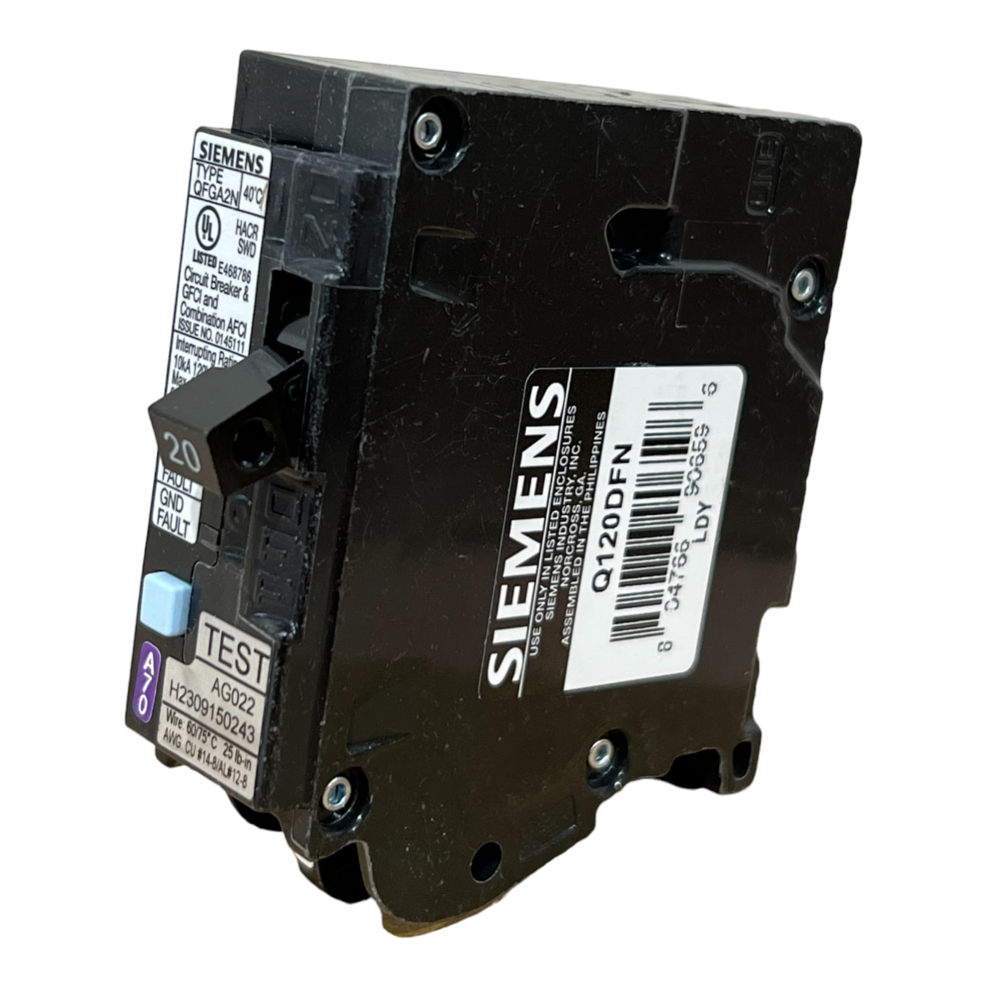 EMSER Siemens Q120DFN 20A dual-function HACR SWD rated breaker note