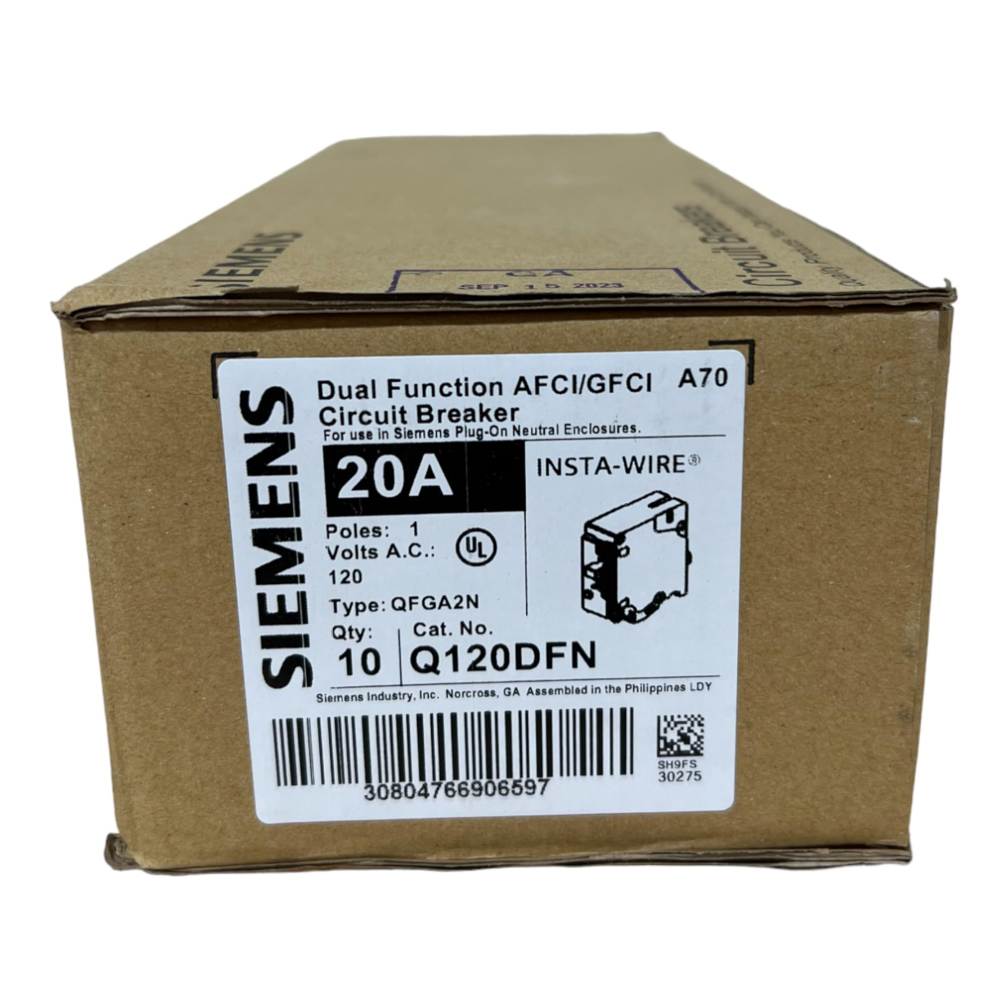 EMSER Siemens Q120DFN 20A dual-function breaker installed in a panel