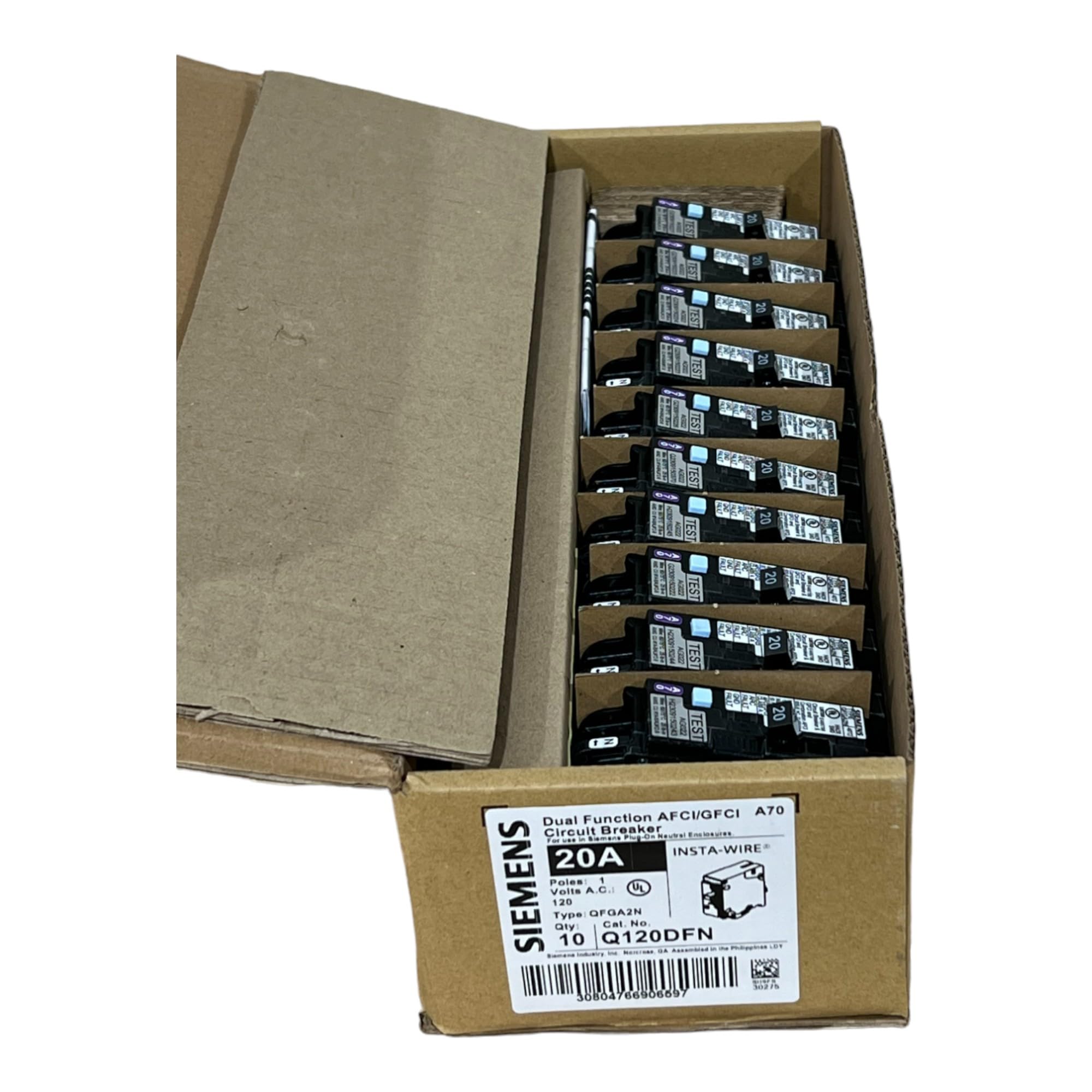 EMSER Siemens Q120DFN 20A dual-function breaker plug-on neutral in use