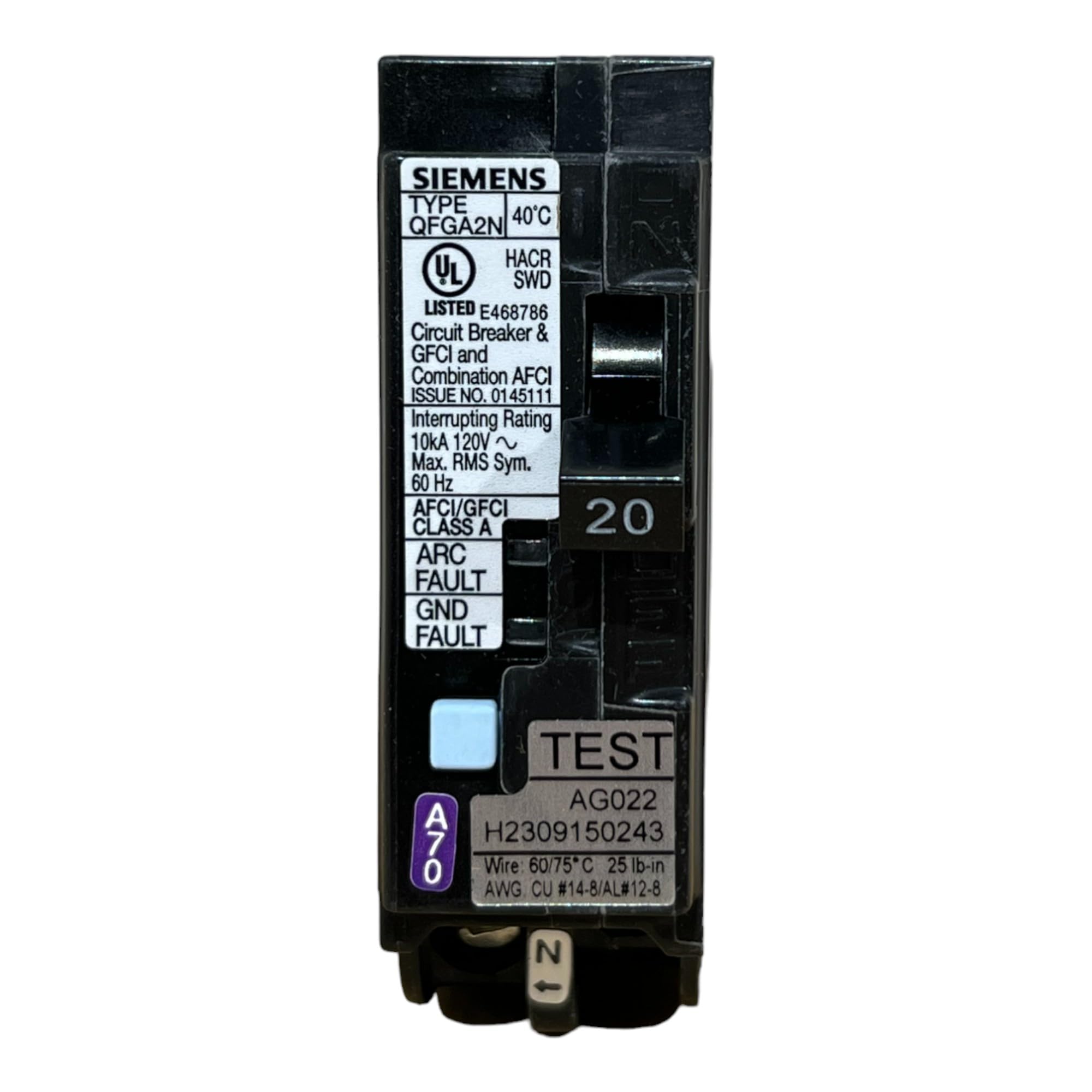 EMSER Siemens Q120DFN 20A dual-function breaker side view showing plug-on neutral design