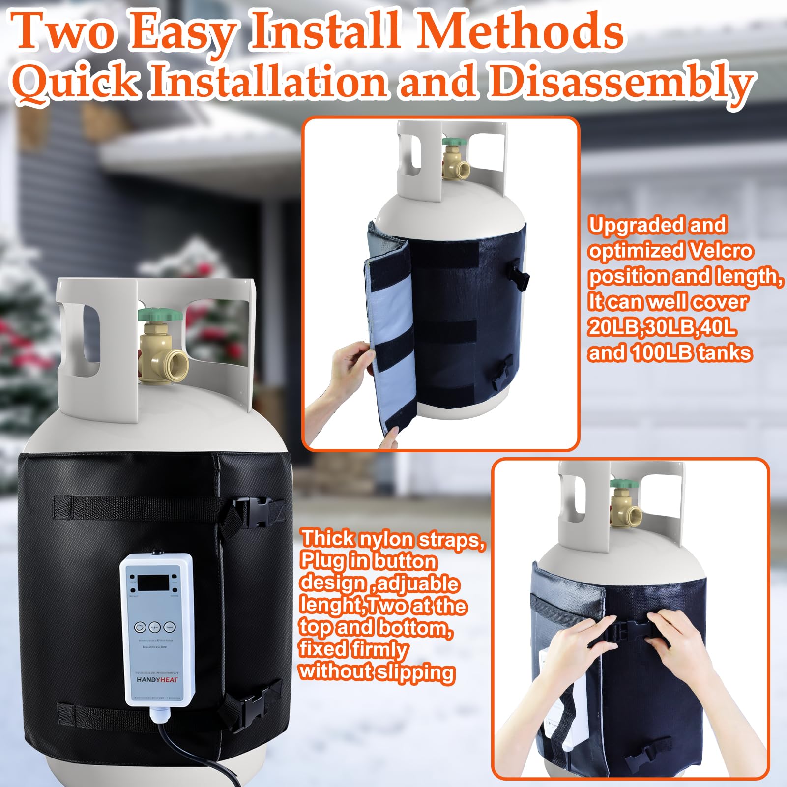 Emsiok heater fits 20–40 lb tanks for versatile outdoor use.