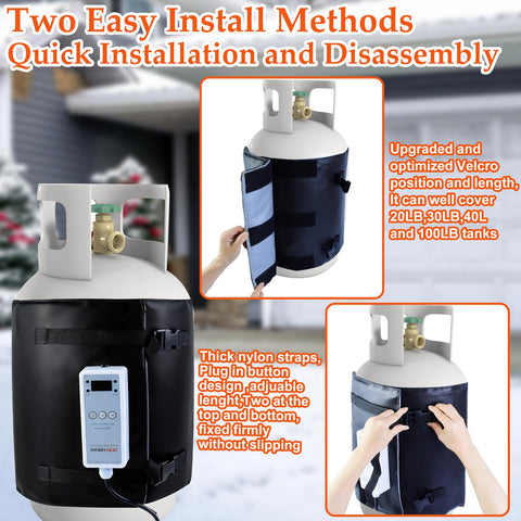 Emsiok heater fits 20–40 lb tanks for versatile outdoor use.