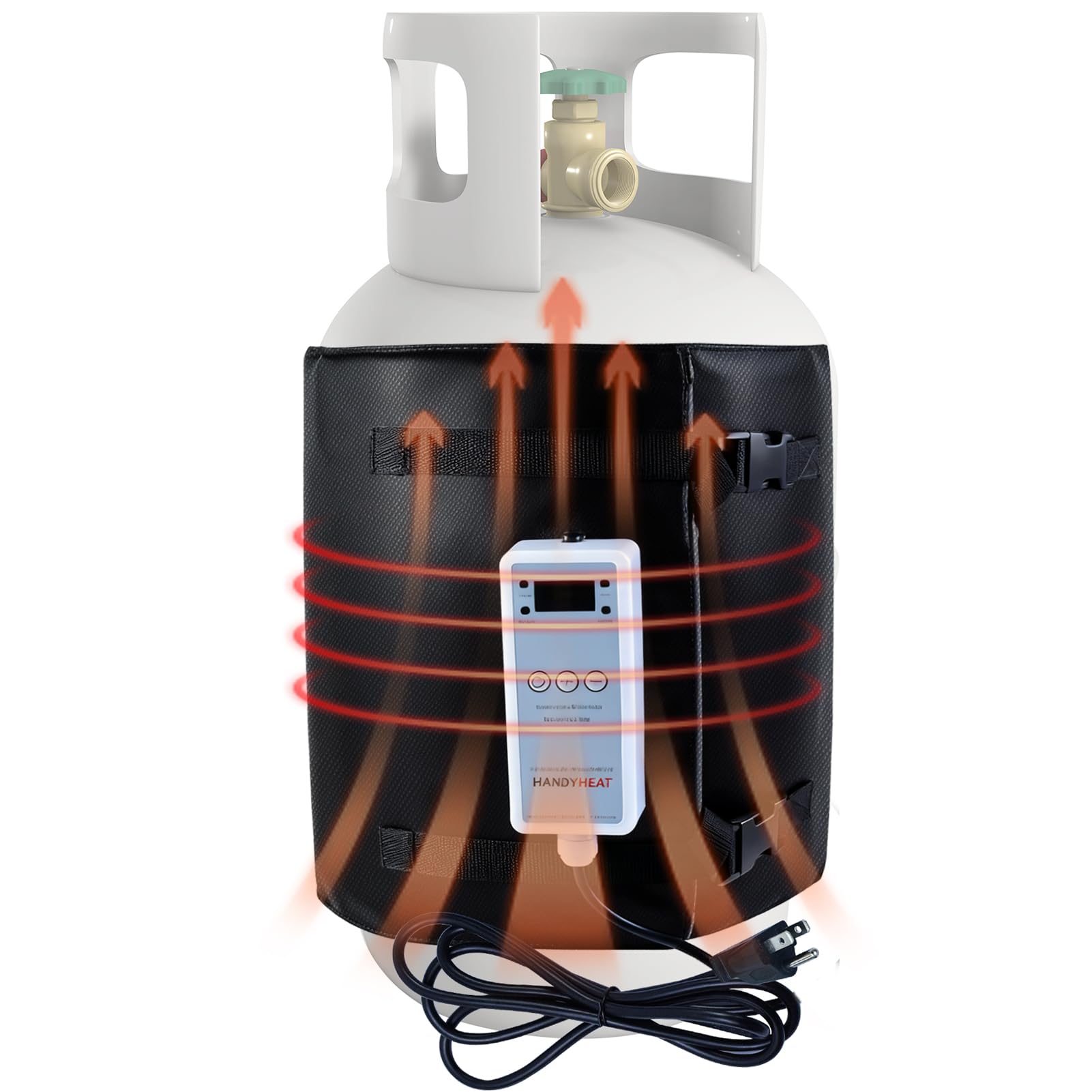 Emsiok propane tank heater blanket mounted on tank for reliable warmth.