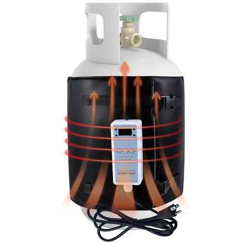 Emsiok propane tank heater blanket mounted on tank for reliable warmth.