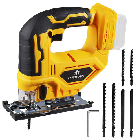 EMTMOUN cordless jigsaw showing Dewalt 20V Max compatibility for cordless freedom
