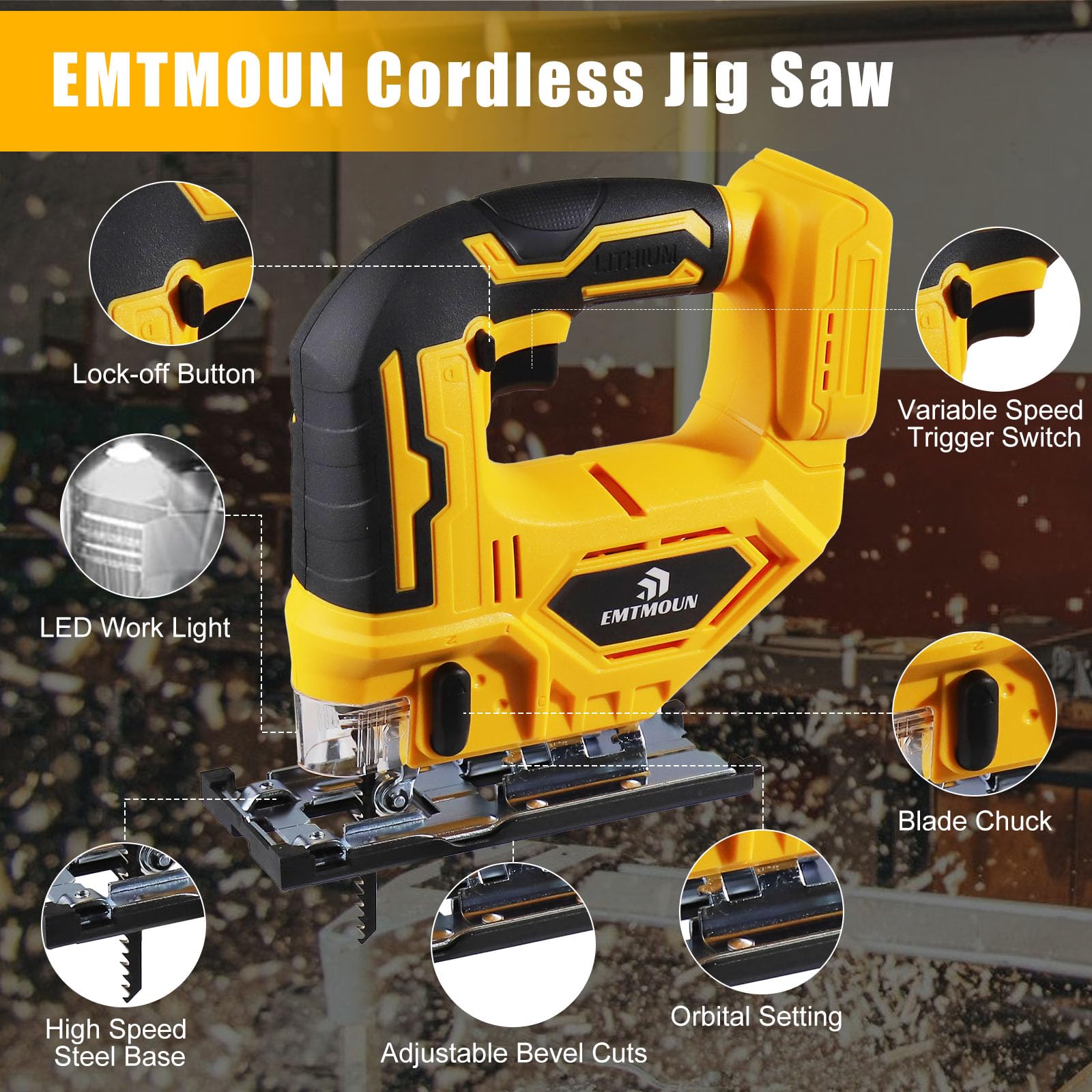 EMTMOUN jigsaw with 3 orbital settings for adaptable cutting action