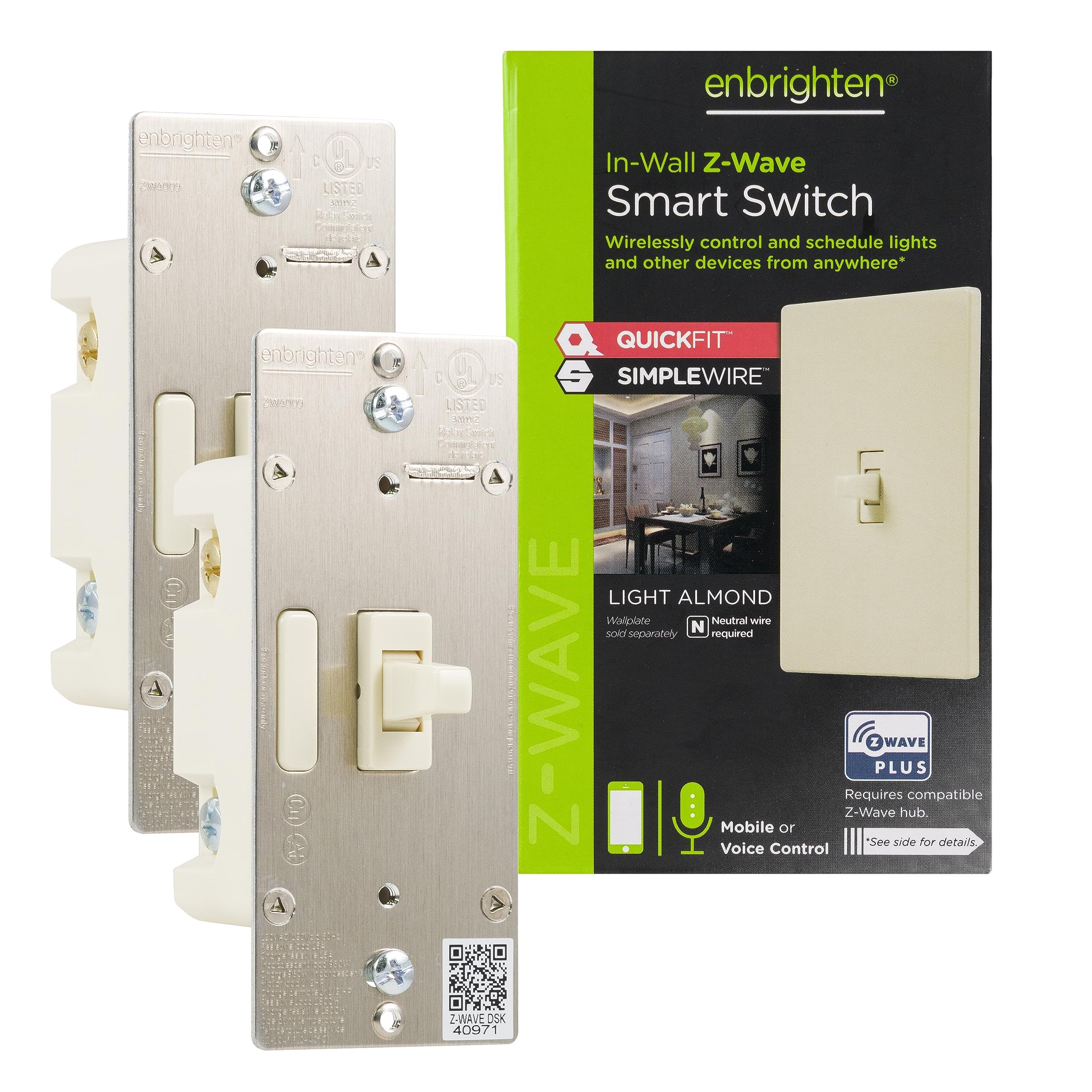 Enbrighten Almond Z-Wave Plus in-wall switch with QuickFit; easy installation.