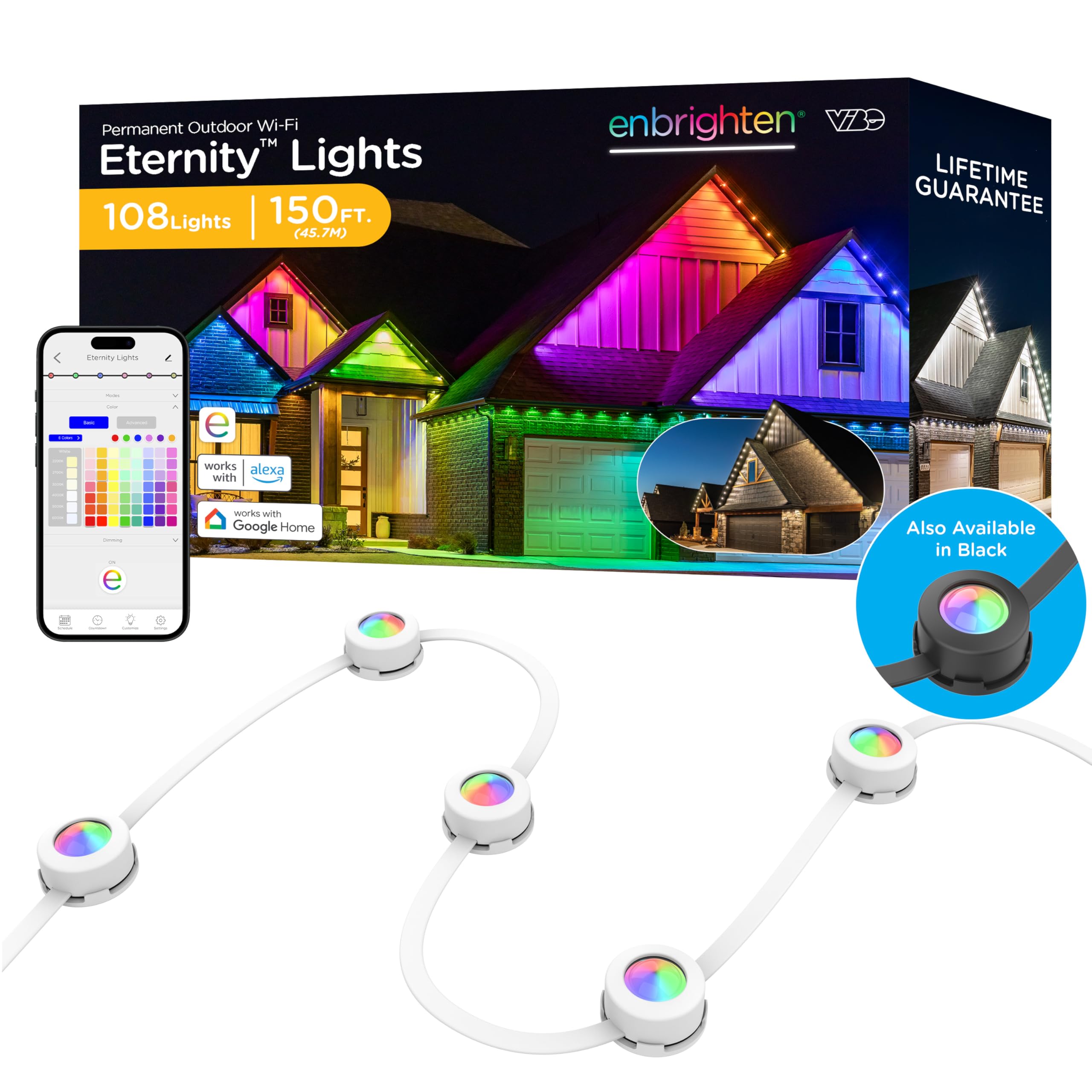 Enbrighten Vibe Eternity lights on a house exterior with vibrant colors for curb appeal.