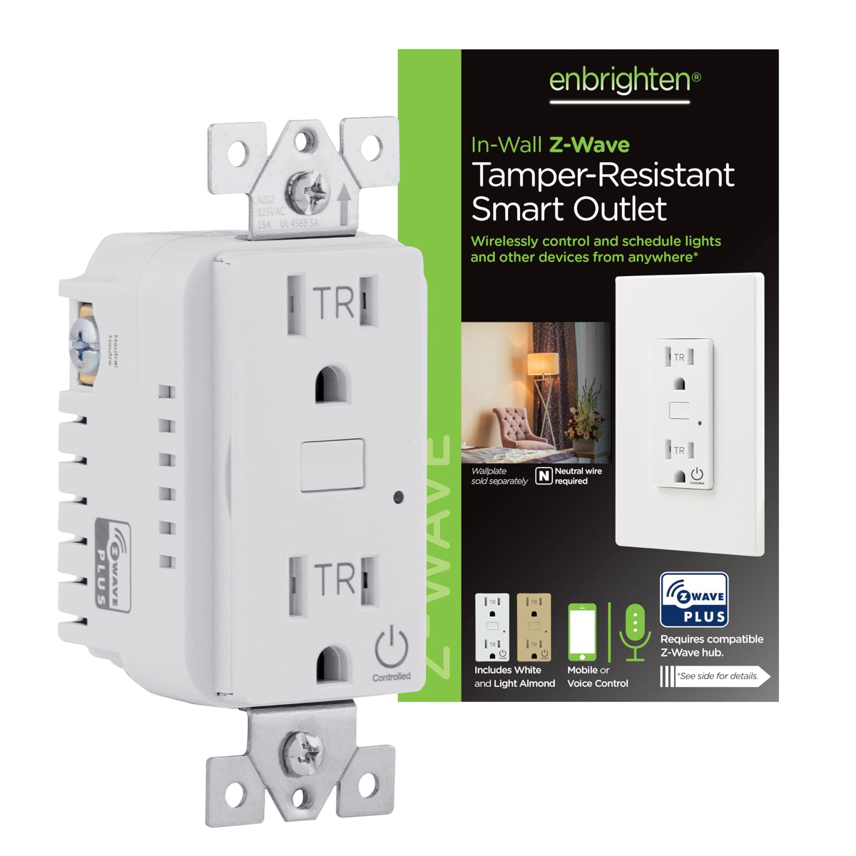 Enbrighten Z-Wave Plus in-wall outlet front view with tamper-resistant design