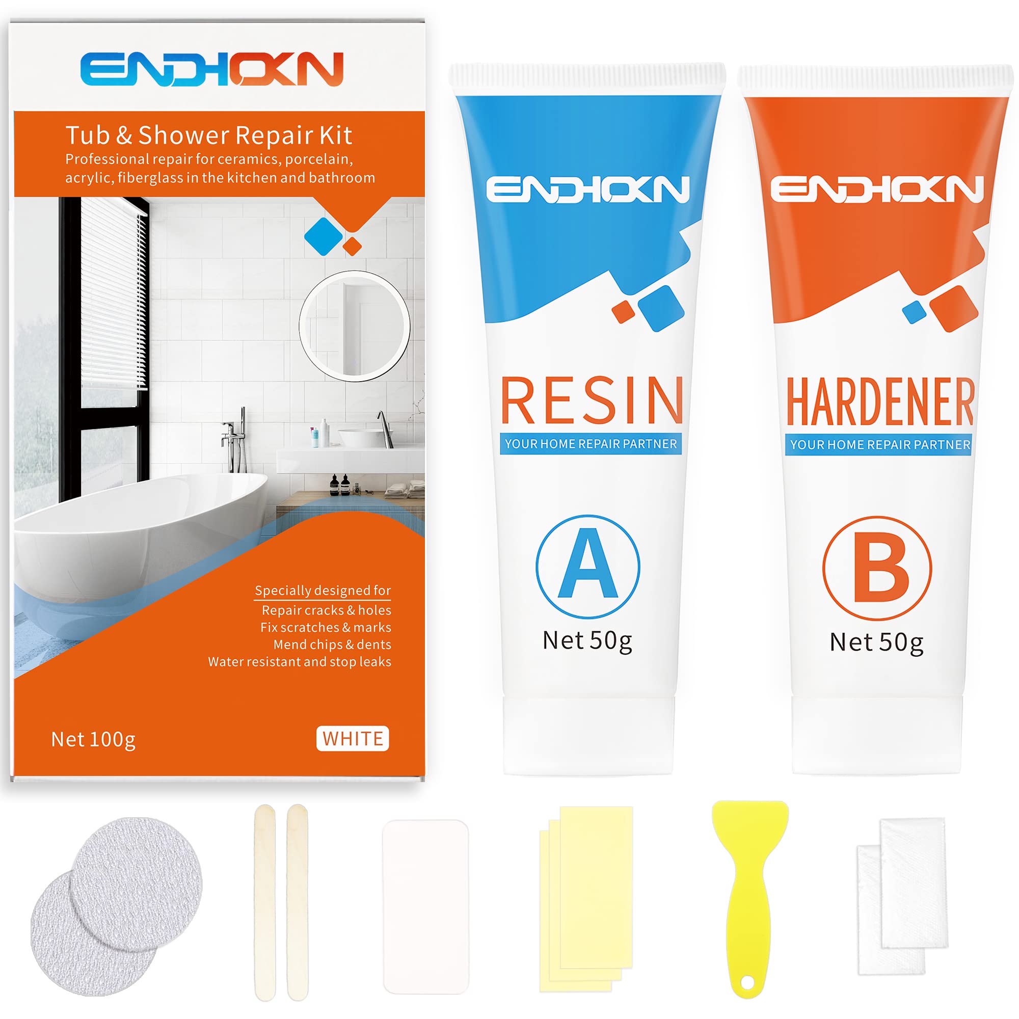 Endhokn Bath Repair Kit White contents ready for quick enamel repairs on tubs.