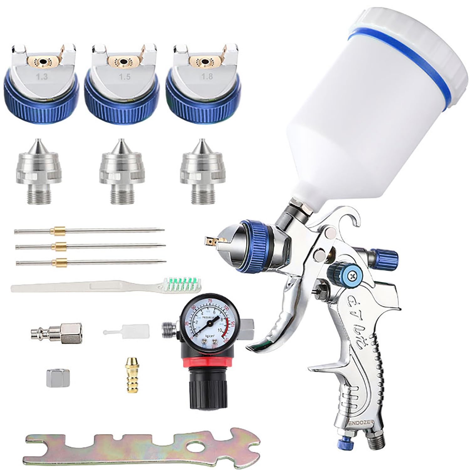 Endozer professional HVLP spray gun with 20 oz gravity cup for smooth automotive finishes.