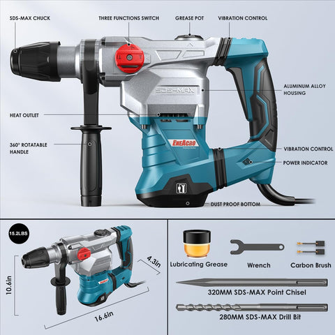 ENEACRO three-in-one hammer drill with hammer-only and adjustable chisel.