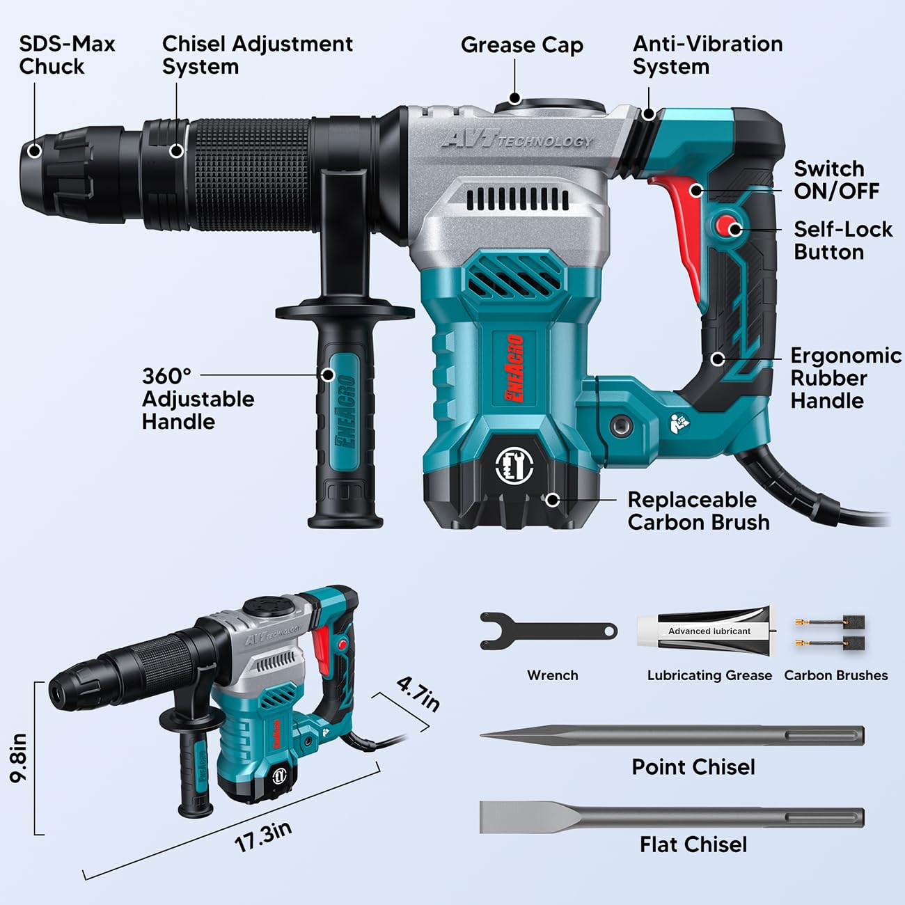 ENEACRO SDS-Max jack hammer side view showcases lightweight build for easy transportation.