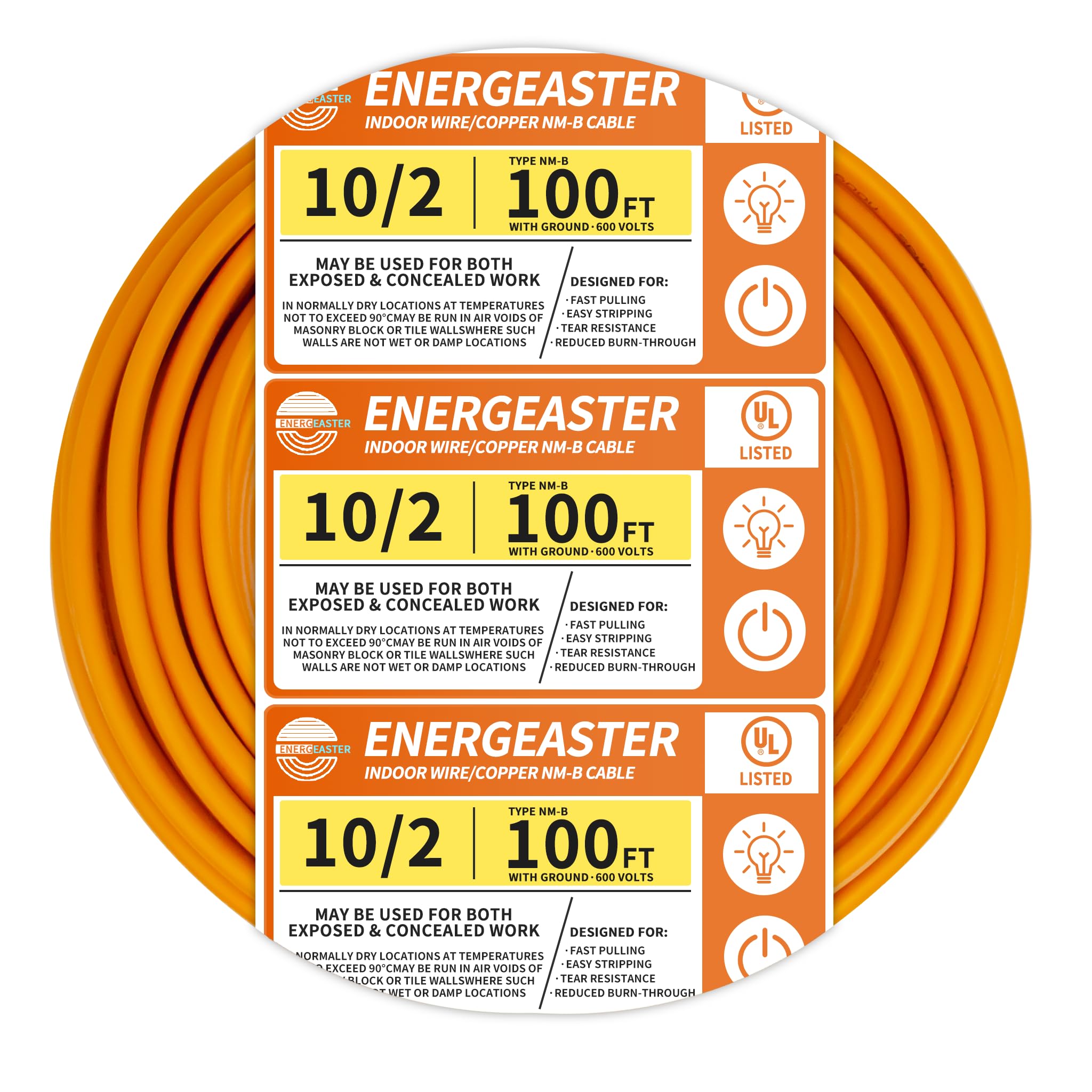 Energeaster 10/2 NM-B wire in orange jacket, ideal for indoor residential wiring.