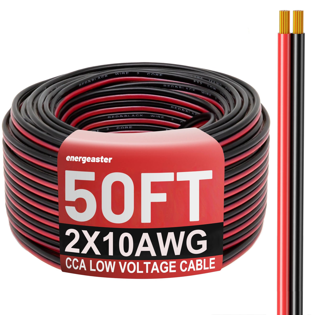 Energeaster 10AWG wire on a 50 ft spool with red and black conductors for versatile power wiring.
