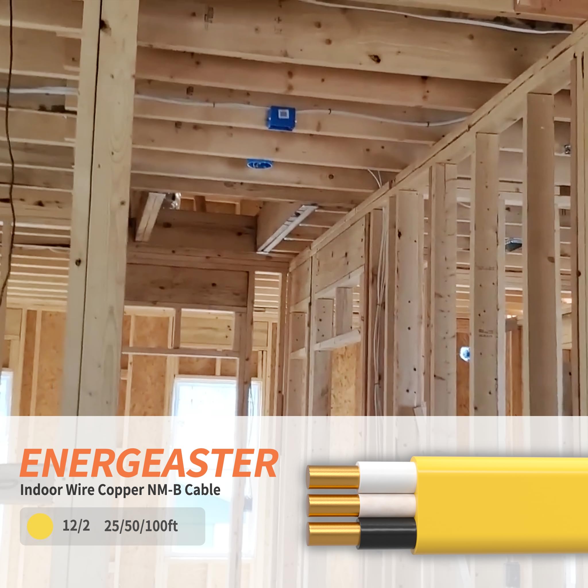 Energeaster 12ga NM-B yellow jacket enhances visibility during pulling.