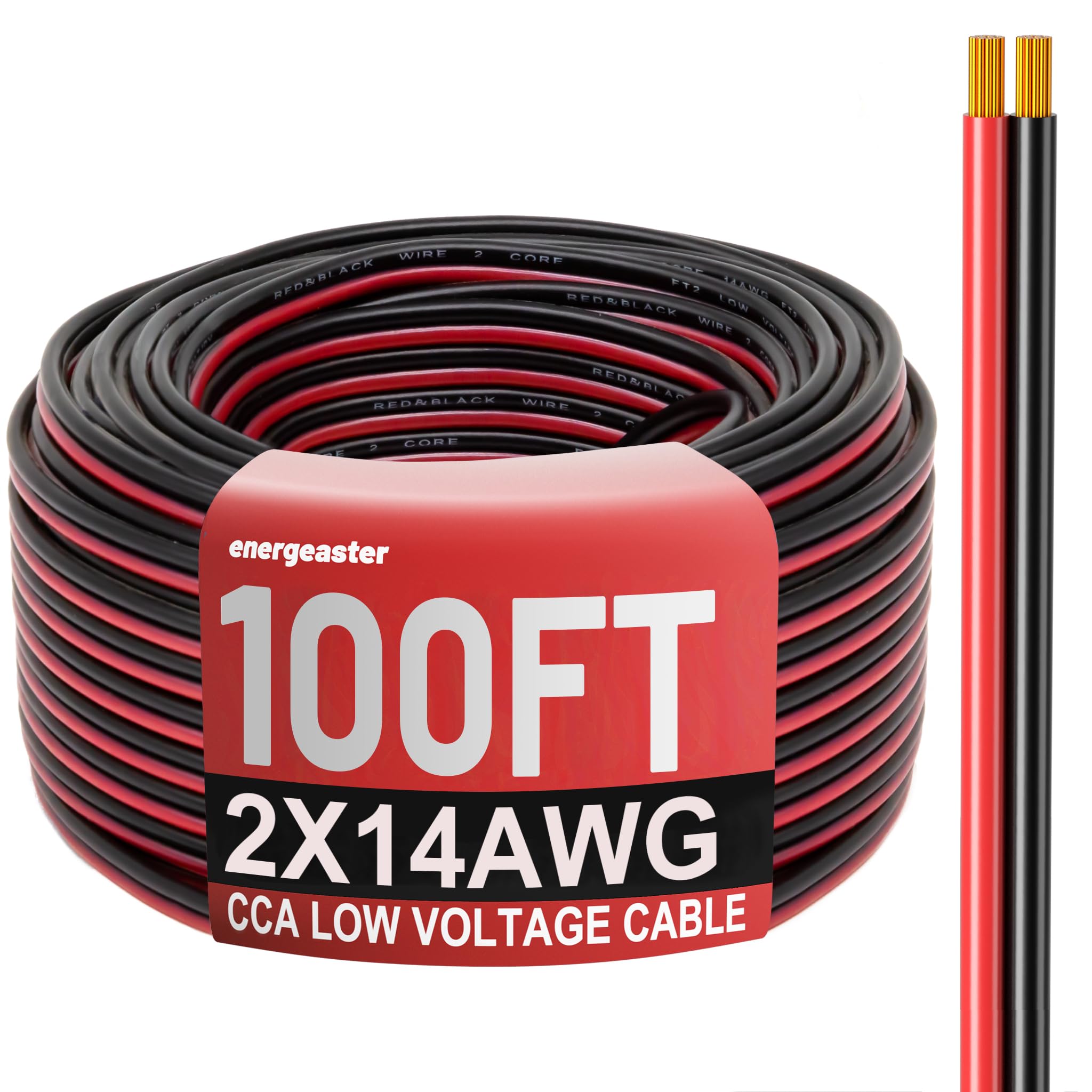 Energeaster 14 AWG red and black wire coil for long runs.