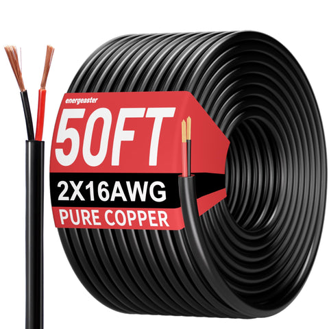 Energeaster 50ft 16 AWG wire with black PVC sheath for easy low-voltage routing.