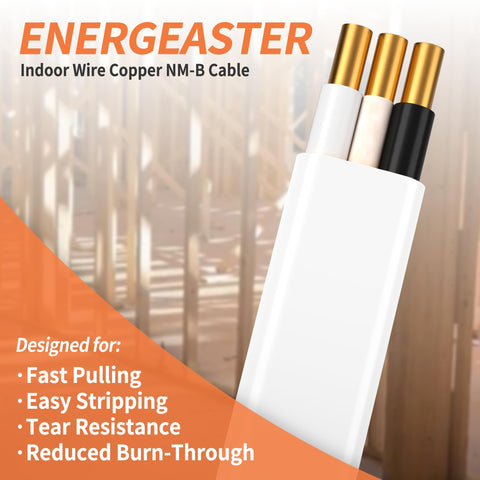 Energeaster NM-B wire with ground conductor and white jacket for safe indoor wiring.