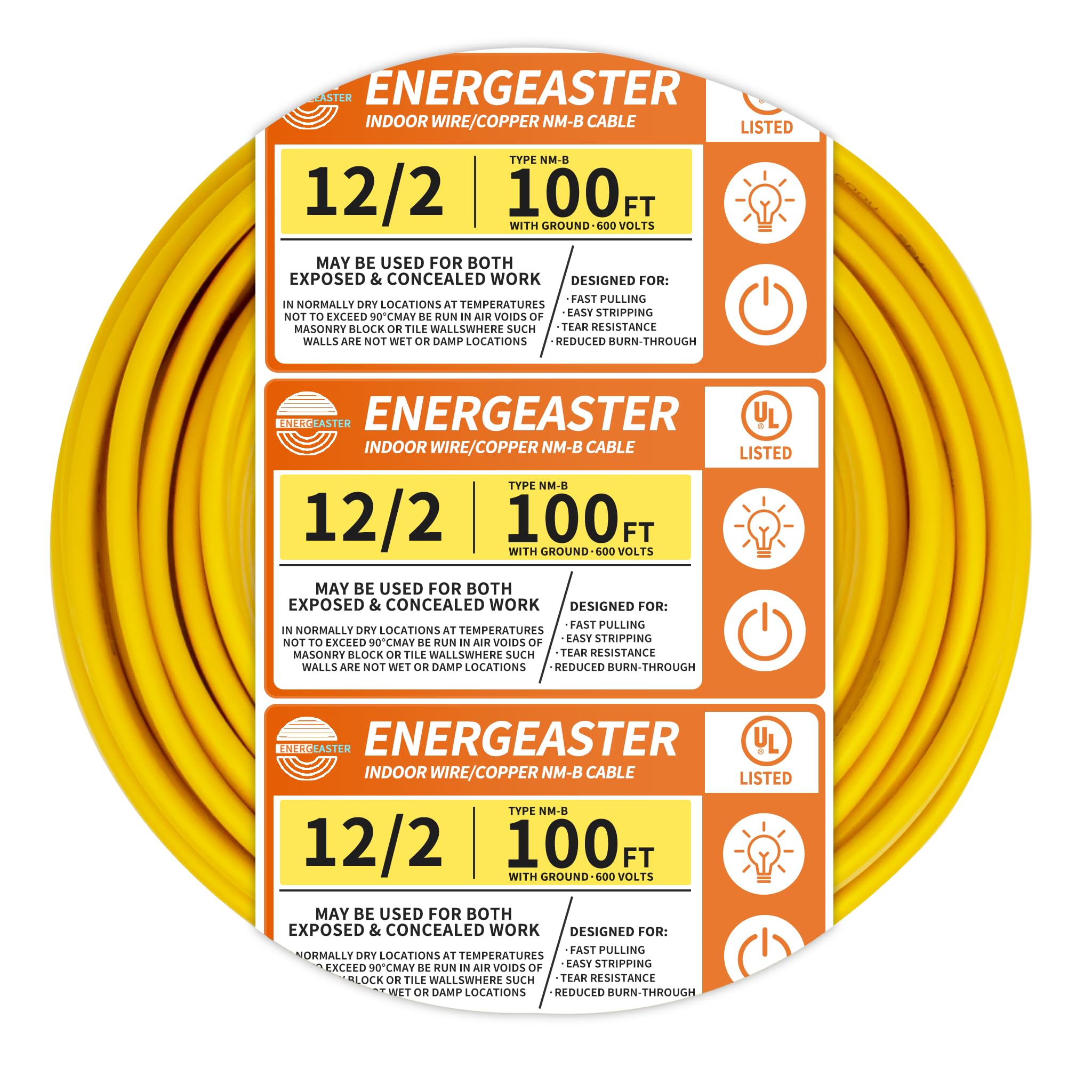 Energeaster solid indoor 12/2 NM-B cable coil for easy wall installation.