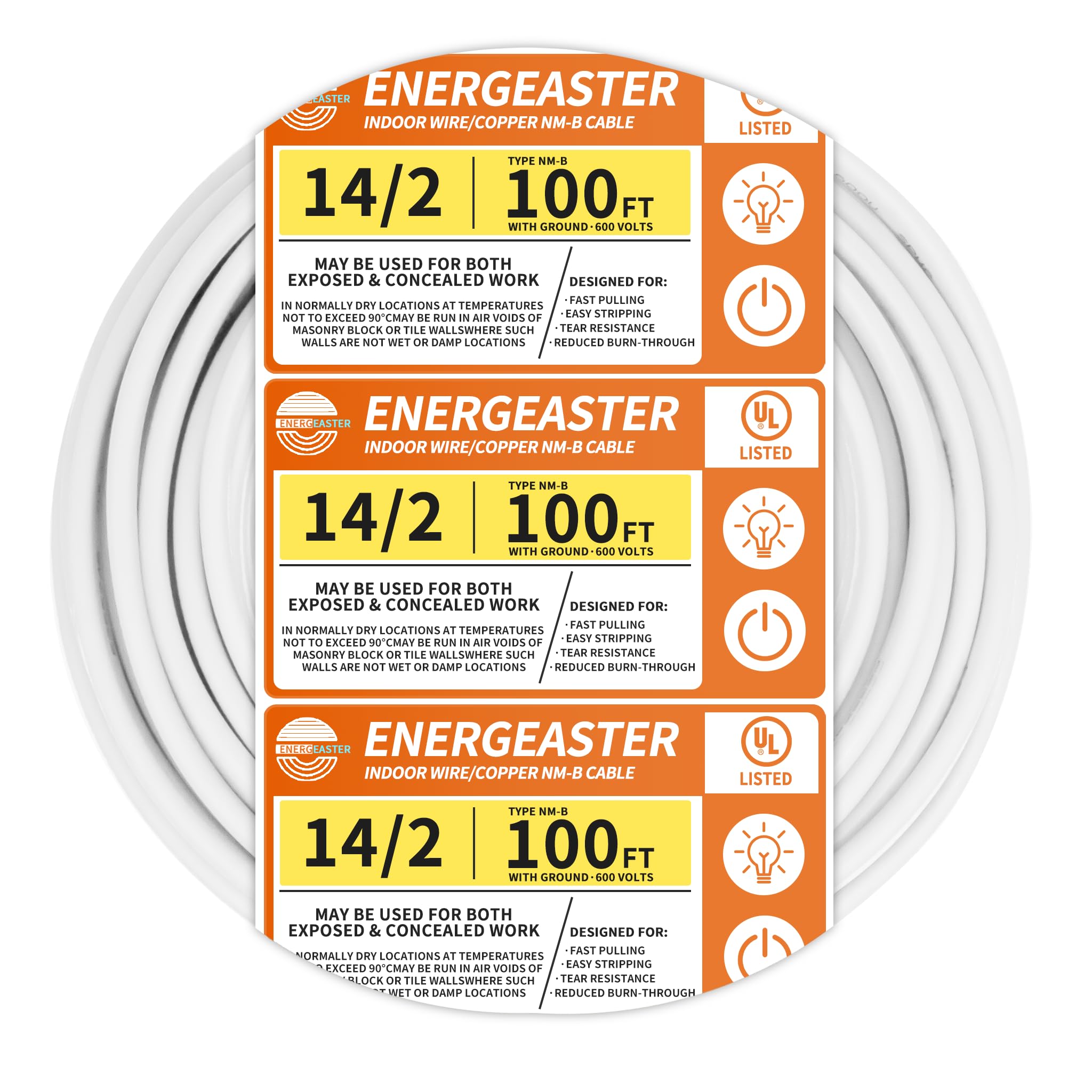 Energeaster solid indoor 14/2 NM-B cable coil ready for easy pulling and installation.