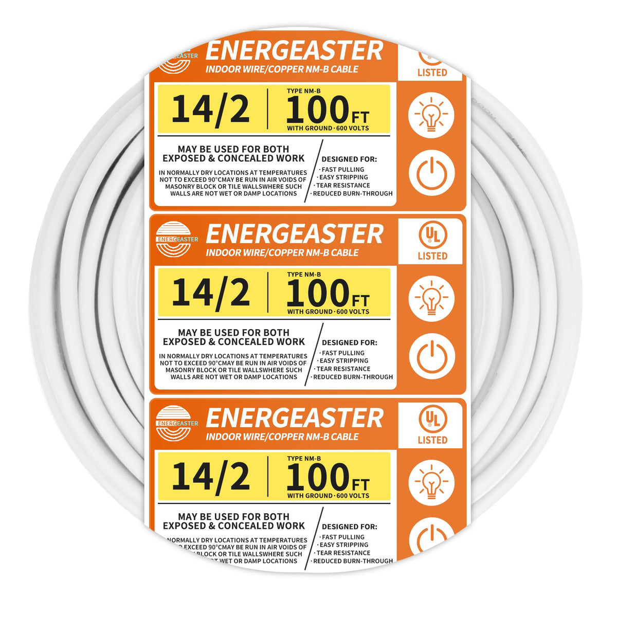 Energeaster solid indoor 14/2 NM-B cable coil ready for easy pulling and installation.