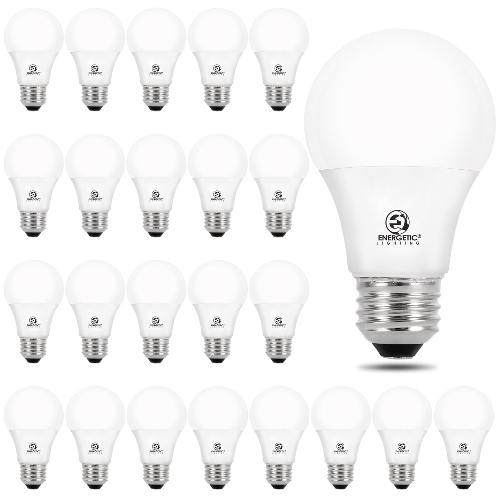 Energetic Lighting 24-pack A19 bulbs in front package view highlighting energy efficiency