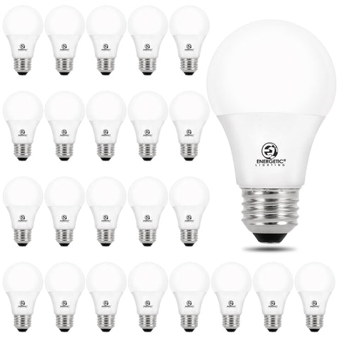 Energetic Lighting 24-pack A19 bulbs in front package view highlighting energy efficiency