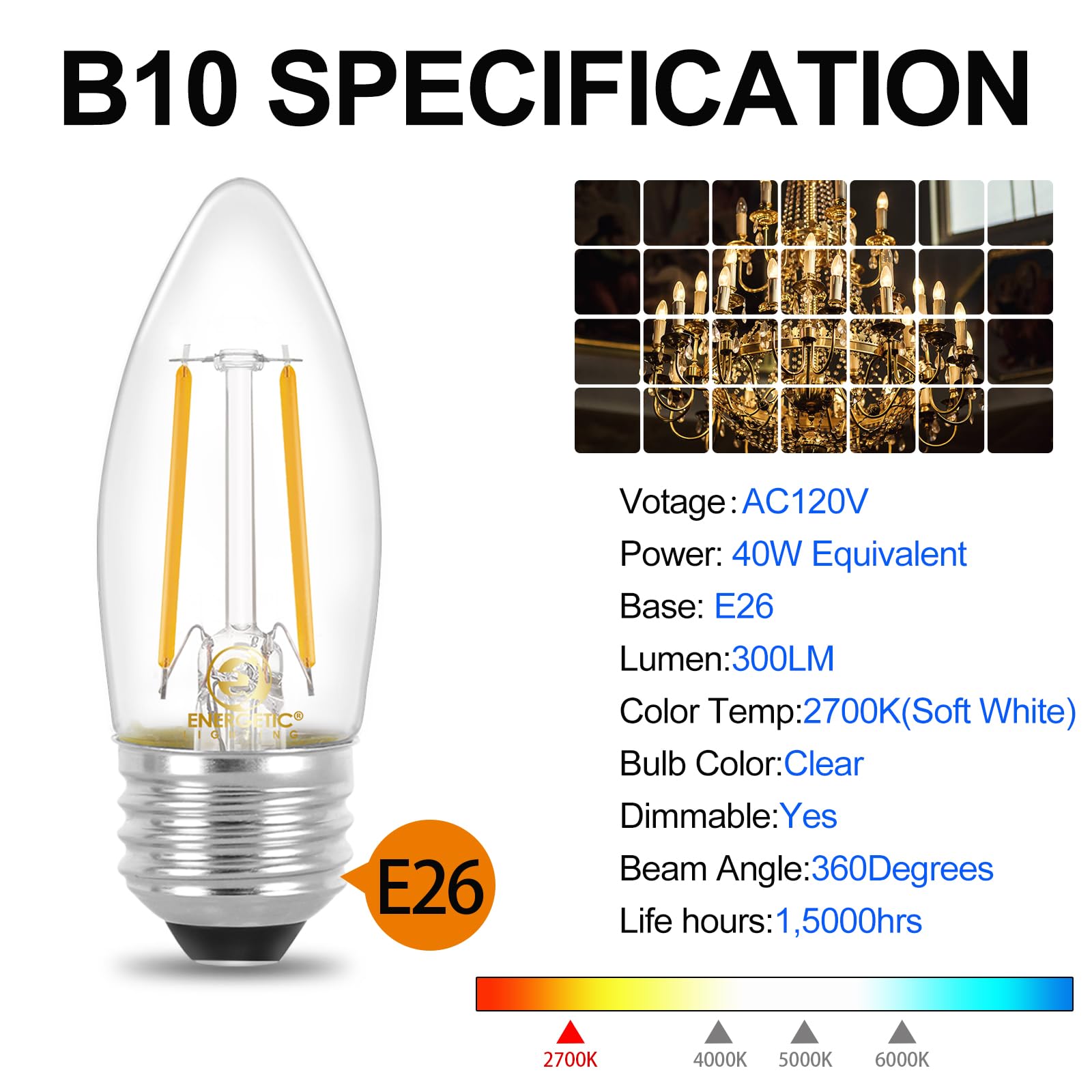 Energetic Lighting 4W dimmable candle bulb ideal for fans and chandeliers.