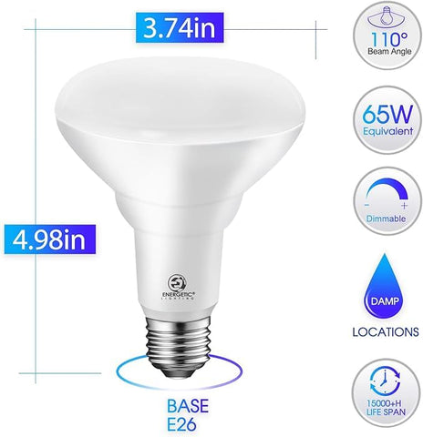 Energetic Lighting BR30 bulbs in packaging highlighting energy-saving design